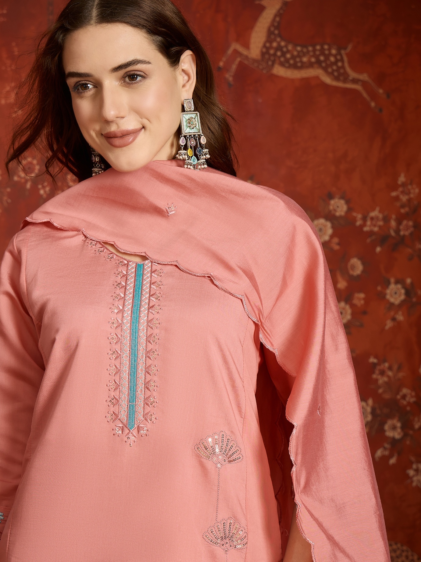 Peach Designer Embroidery Roman Silk Straight Suit