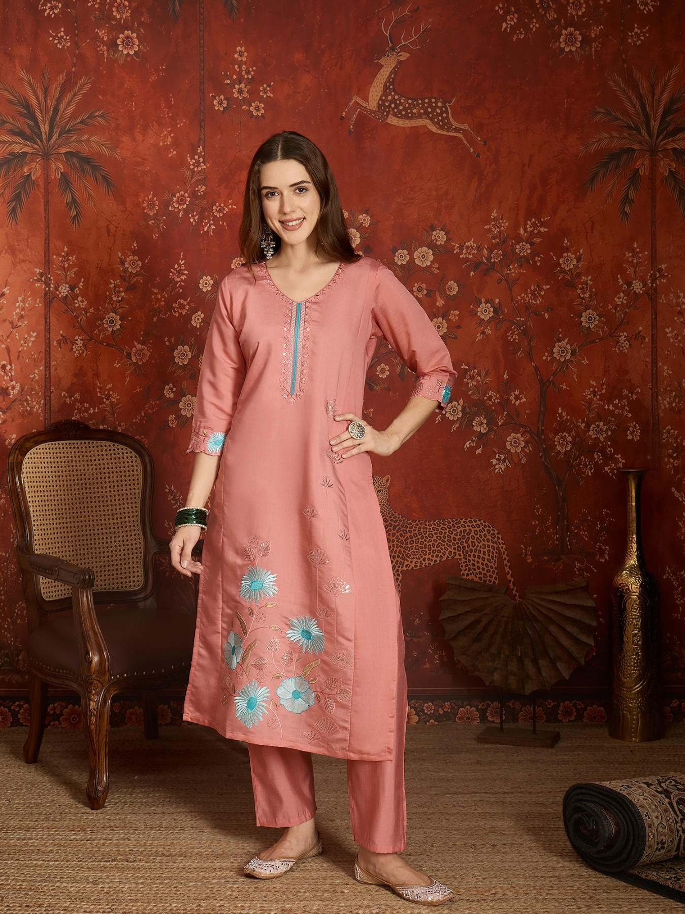 Peach Designer Embroidery Roman Silk Straight Suit