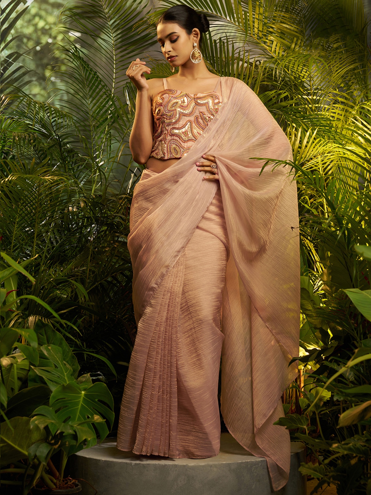 Peach Designer Embroidery Tissue Ready To Wear Saree