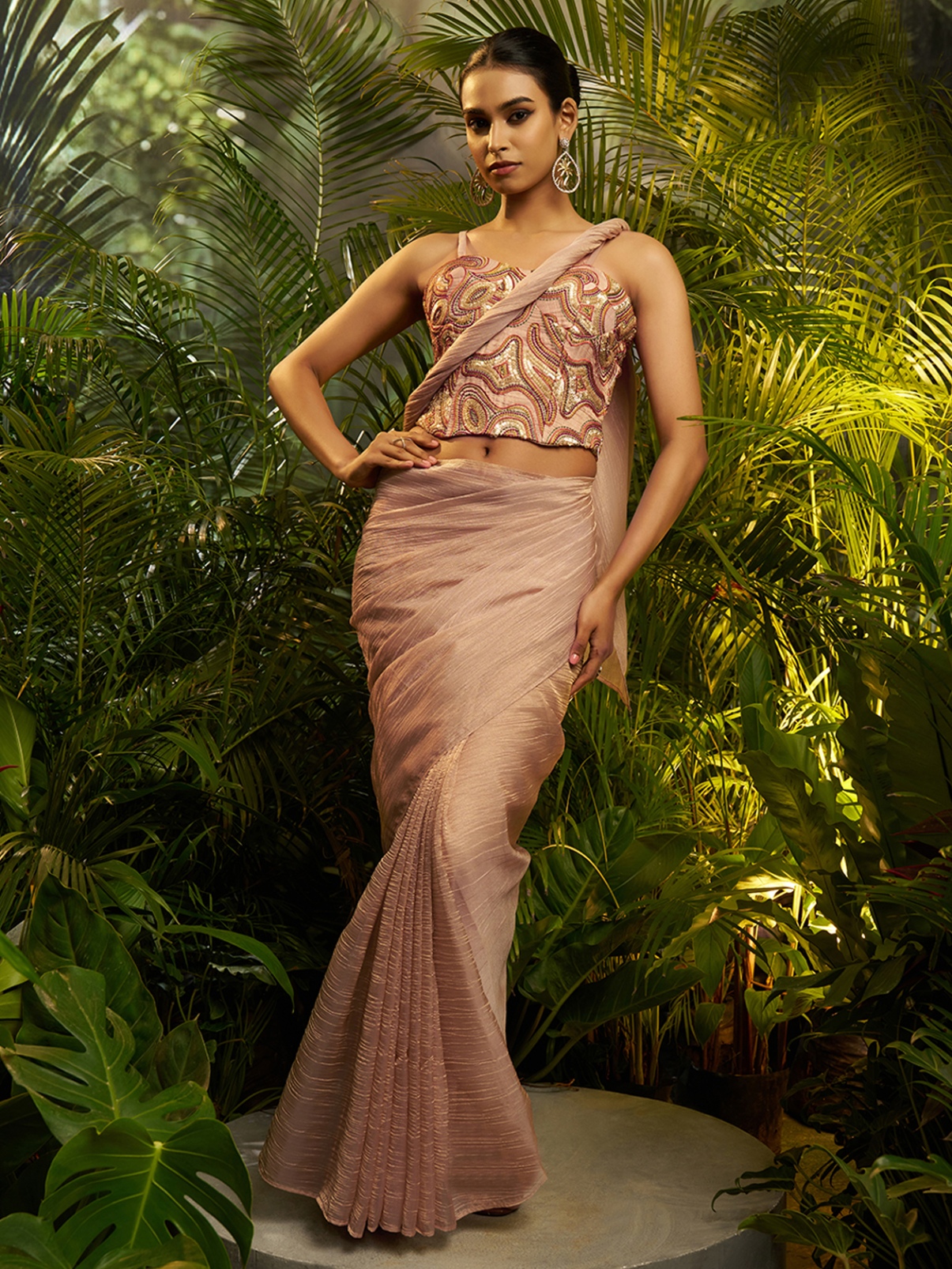 Peach Designer Embroidery Tissue Ready To Wear Saree