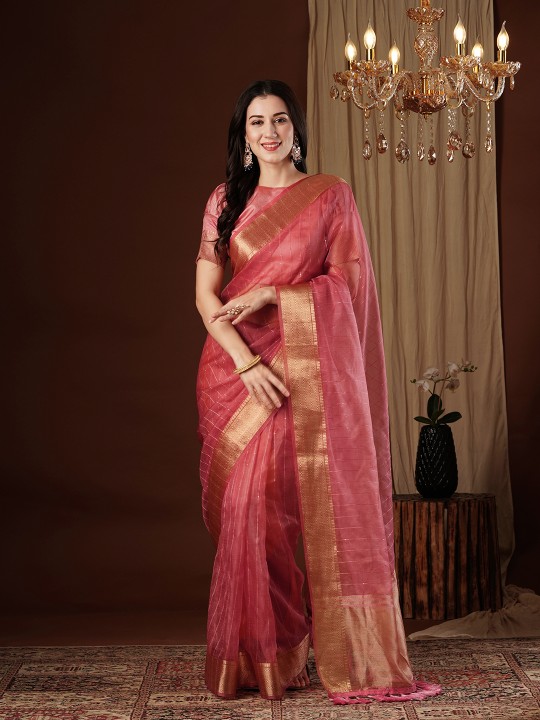Peach Designer Organza Saree
