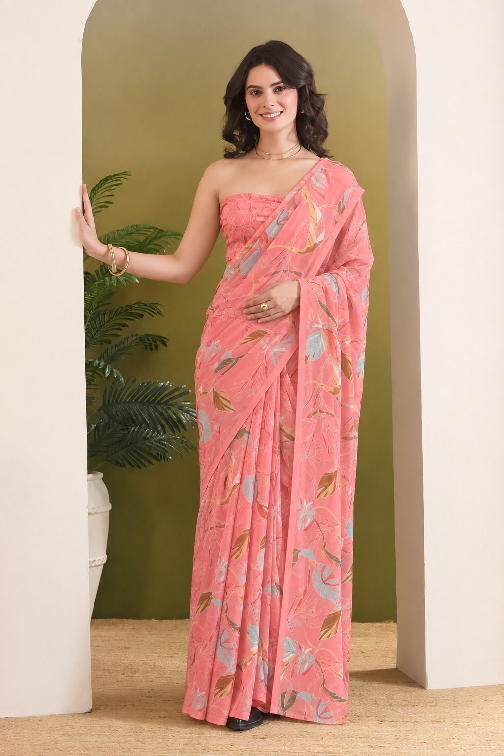 Peach Designer Printed Georgette Ready To Wear Saree