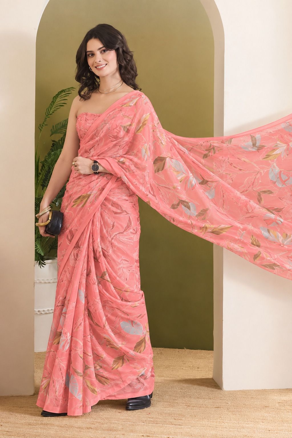 Peach Designer Printed Georgette Ready To Wear Saree