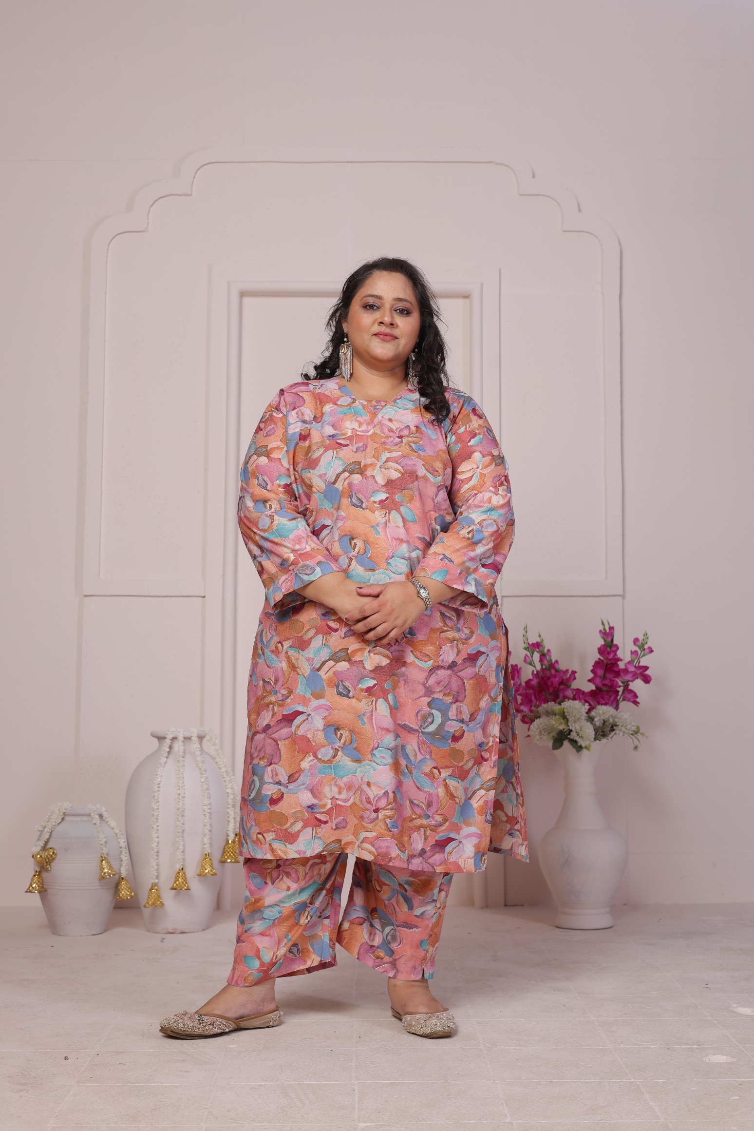 Peach Designer Printed Viscose Chanderi Kurti