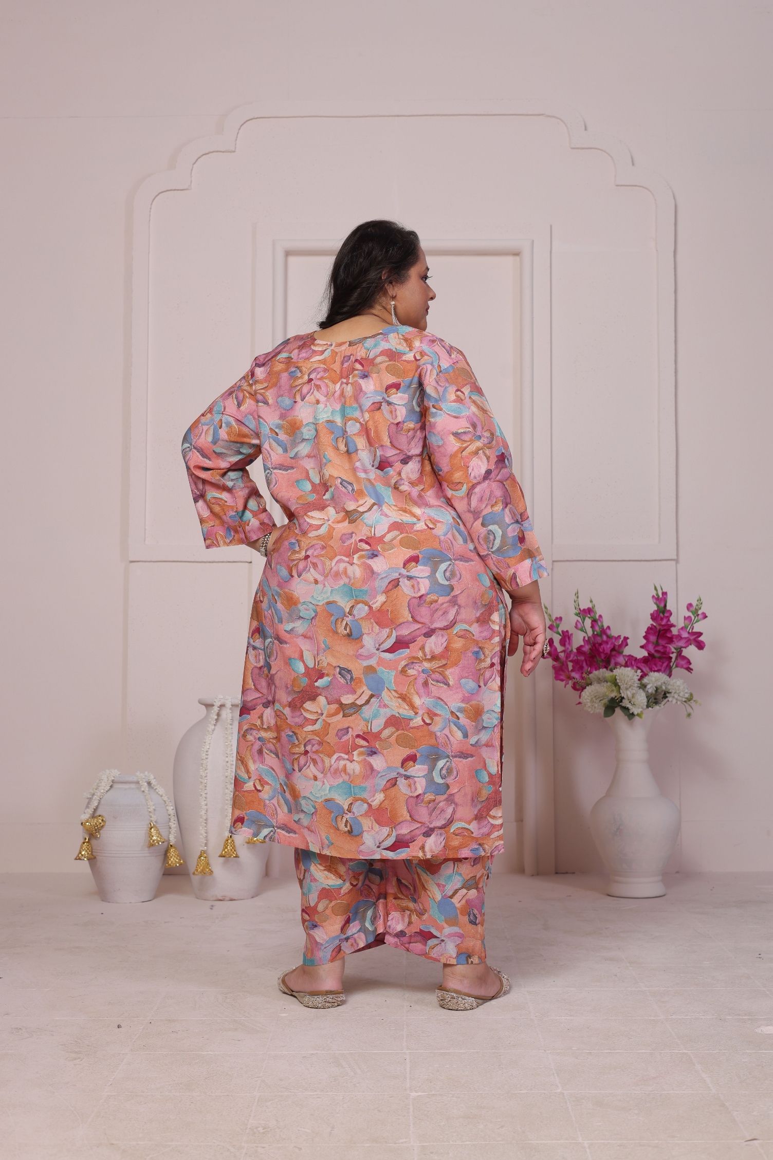 Peach Designer Printed Viscose Chanderi Kurti — alternate view