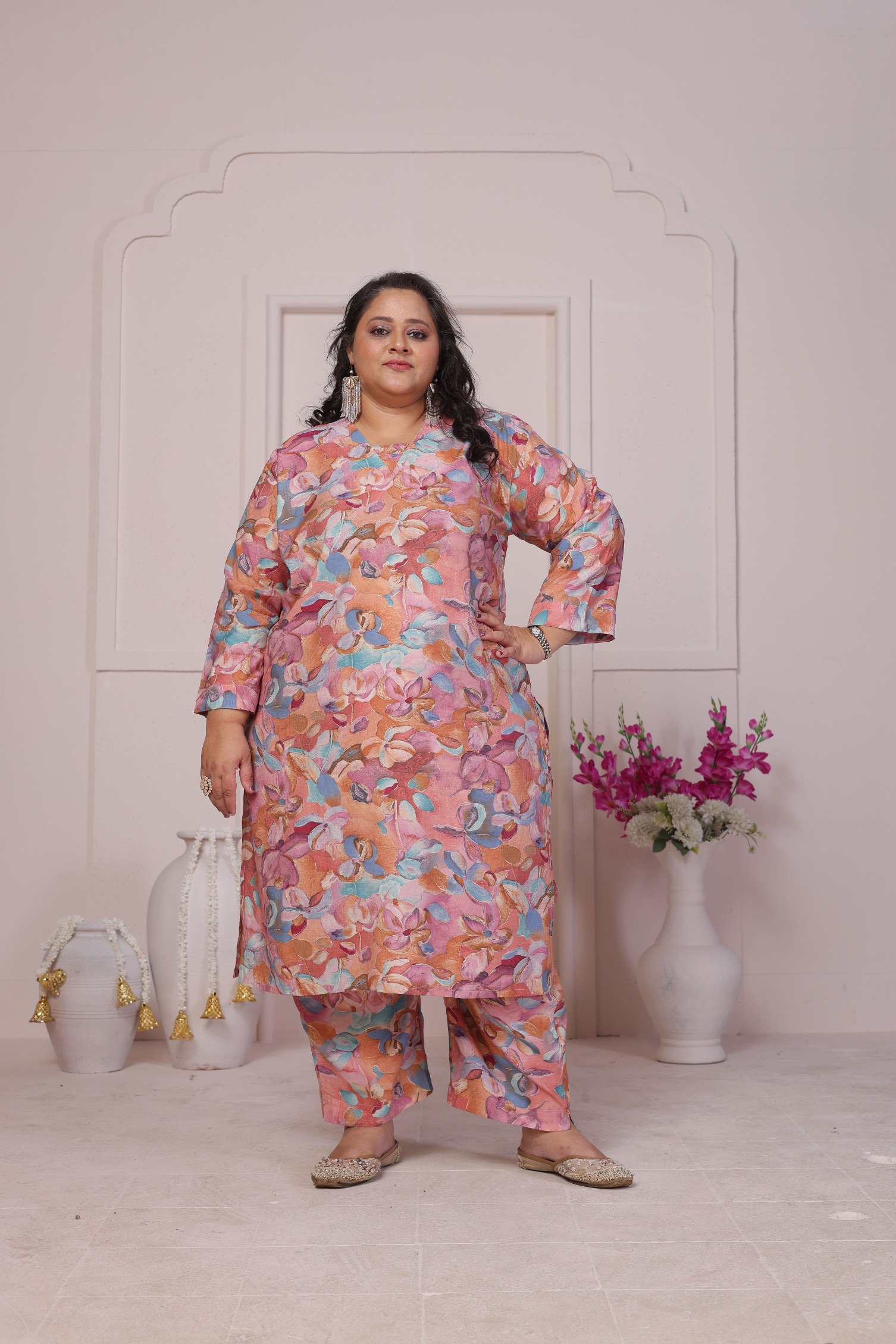 Peach Designer Printed Viscose Chanderi Kurti