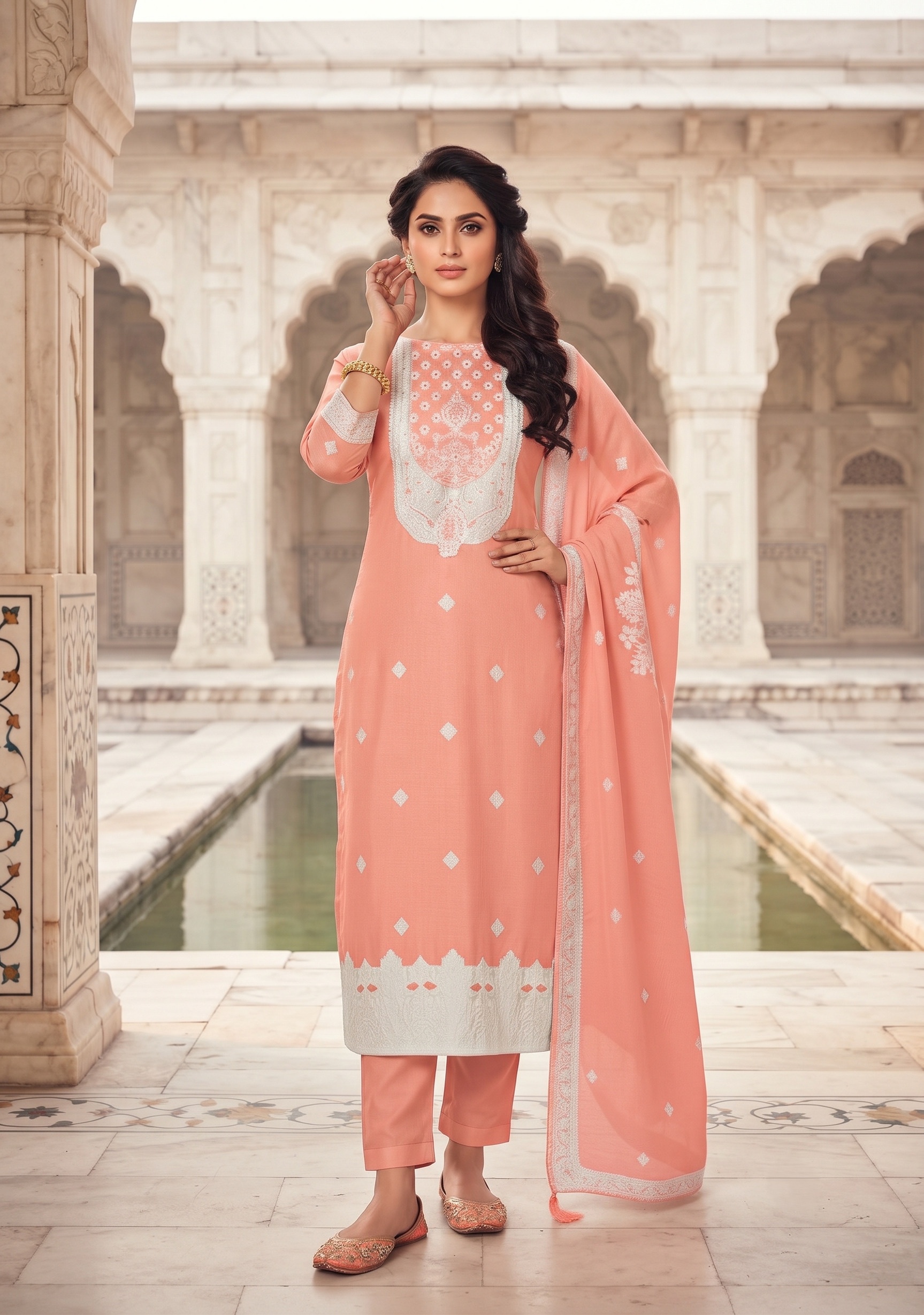 Peach Diamond Embroidered Organza Straight Suit
