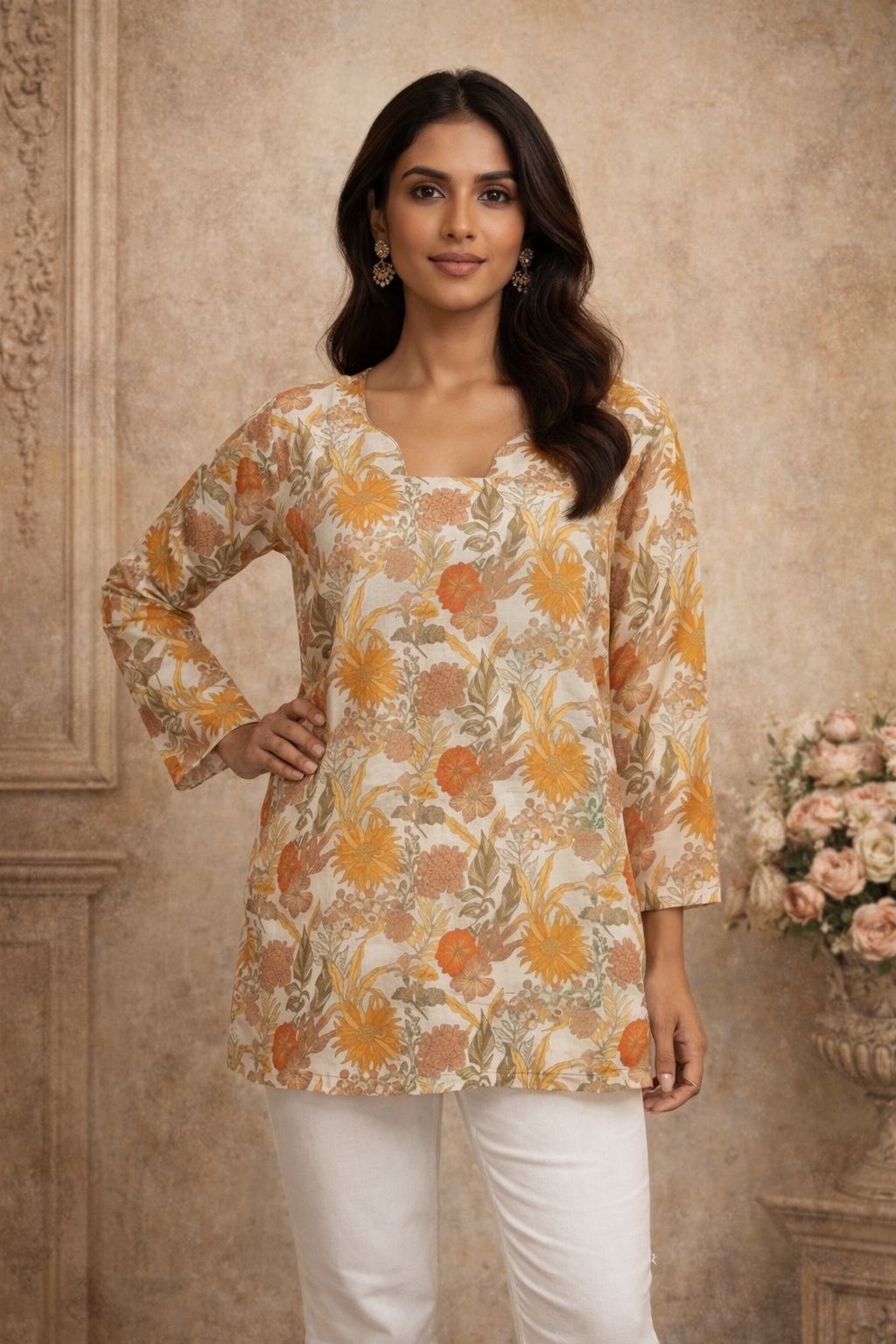 Peach Digital Printed Maslin Kurti