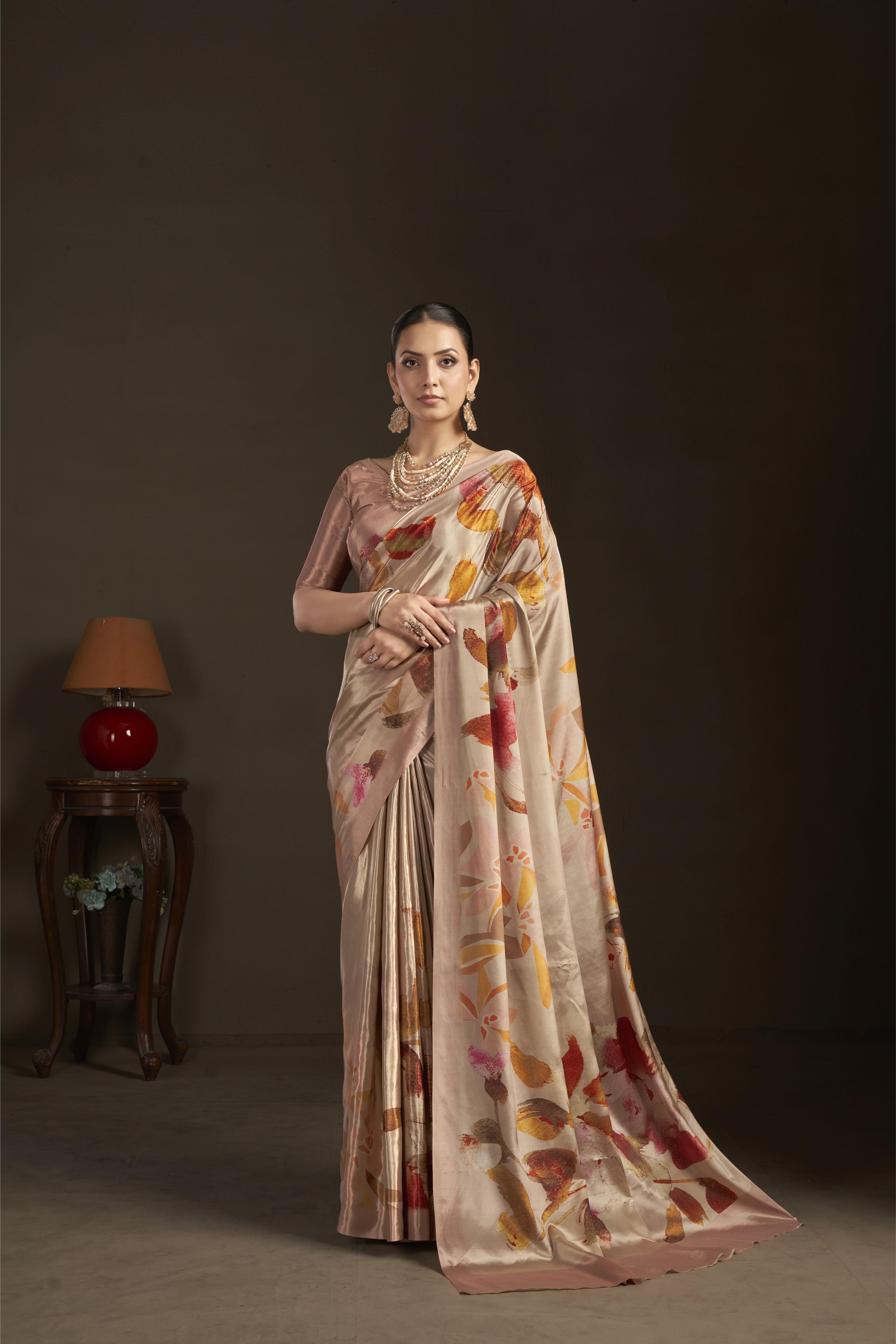 Peach Digital Printed Silk Crepe Ready-to-Wear Saree