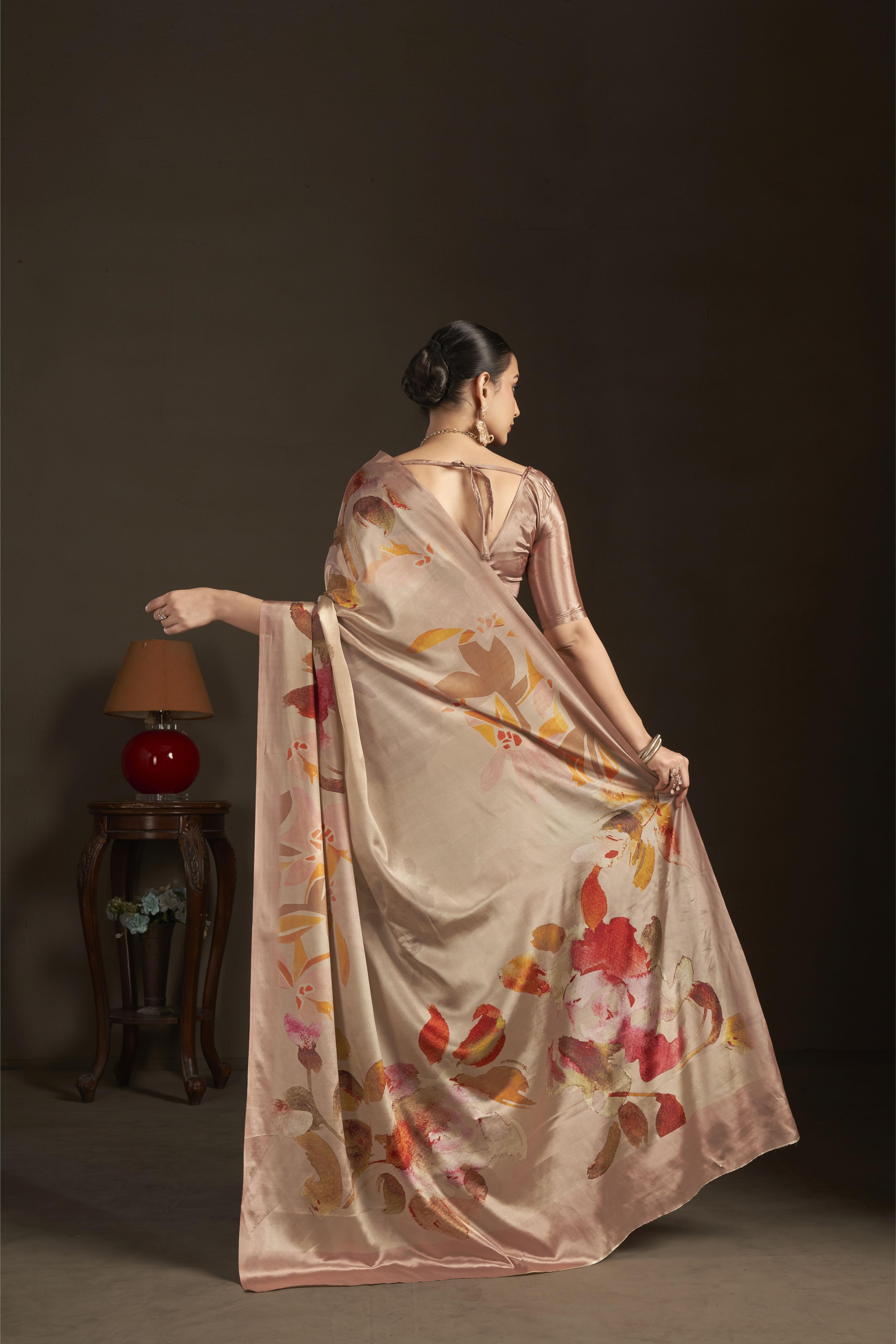 Peach Digital Printed Silk Crepe Ready-to-Wear Saree — alternate view