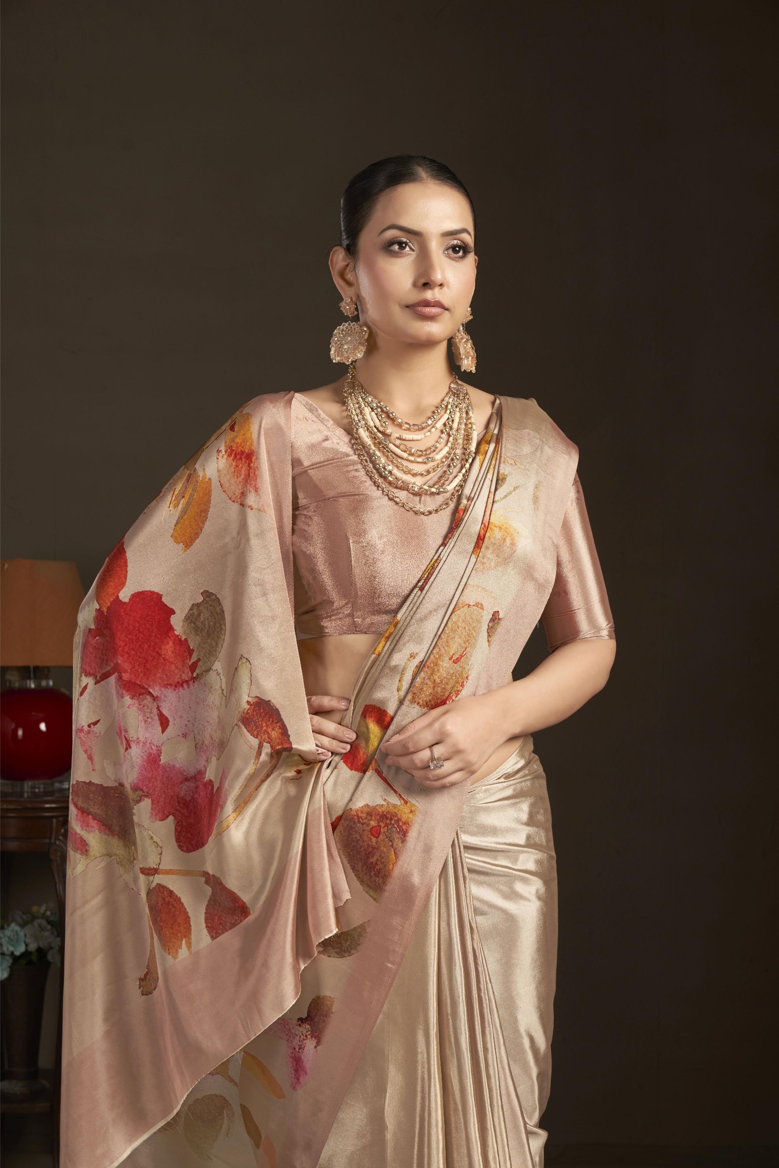 Peach Digital Printed Silk Crepe Ready-to-Wear Saree