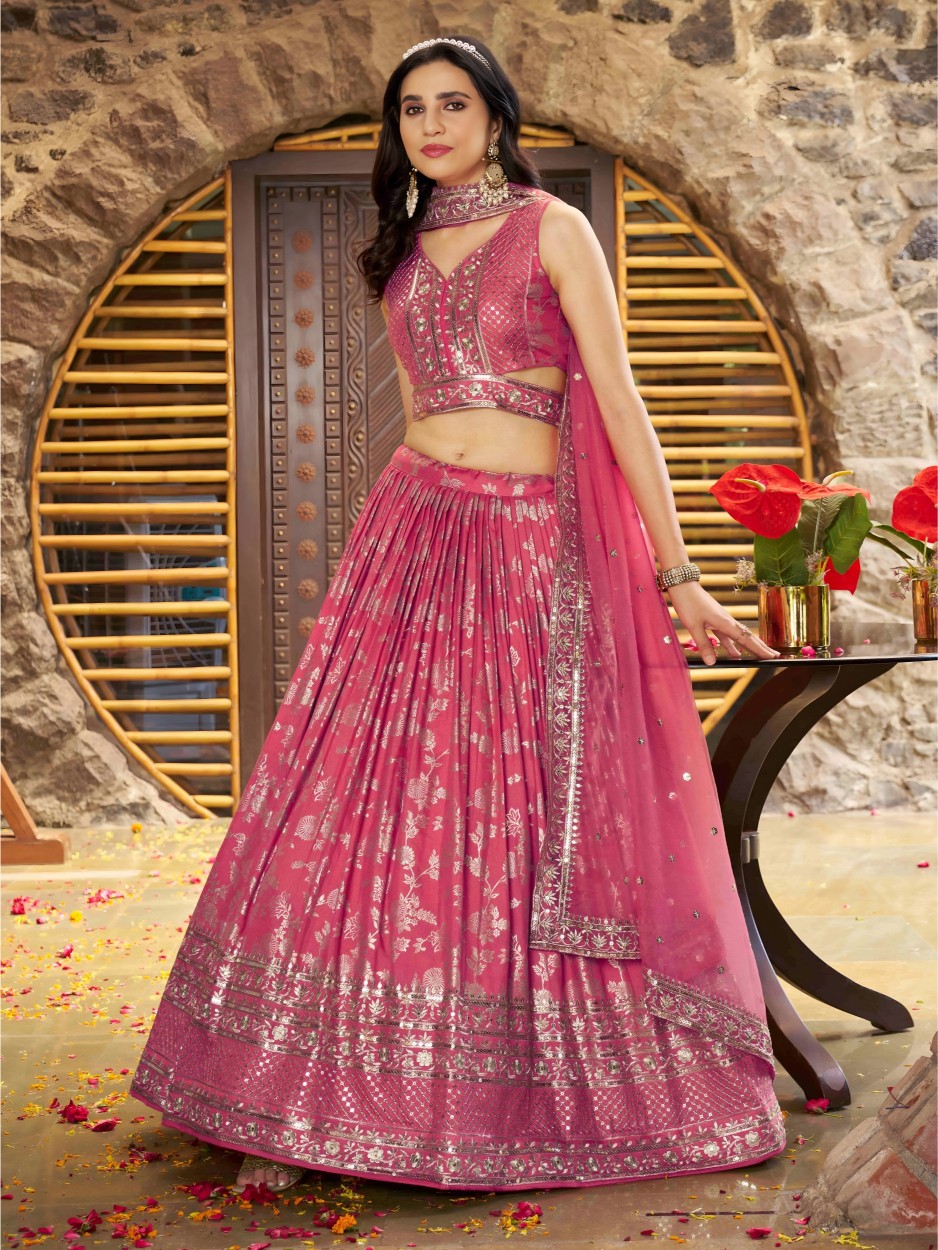 Peach Dola Silk Jacquard Bridal Lehenga
