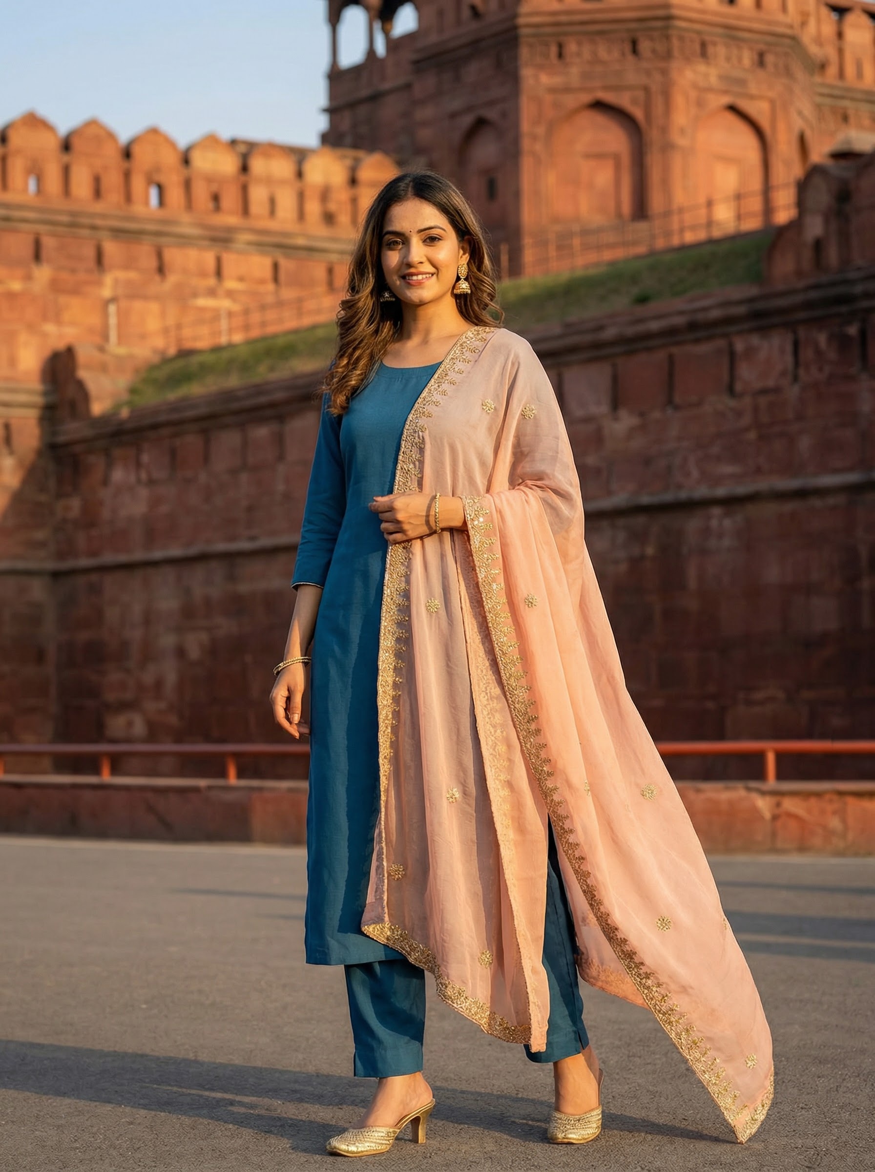 Peach Dori Embroidered Organza Dupatta