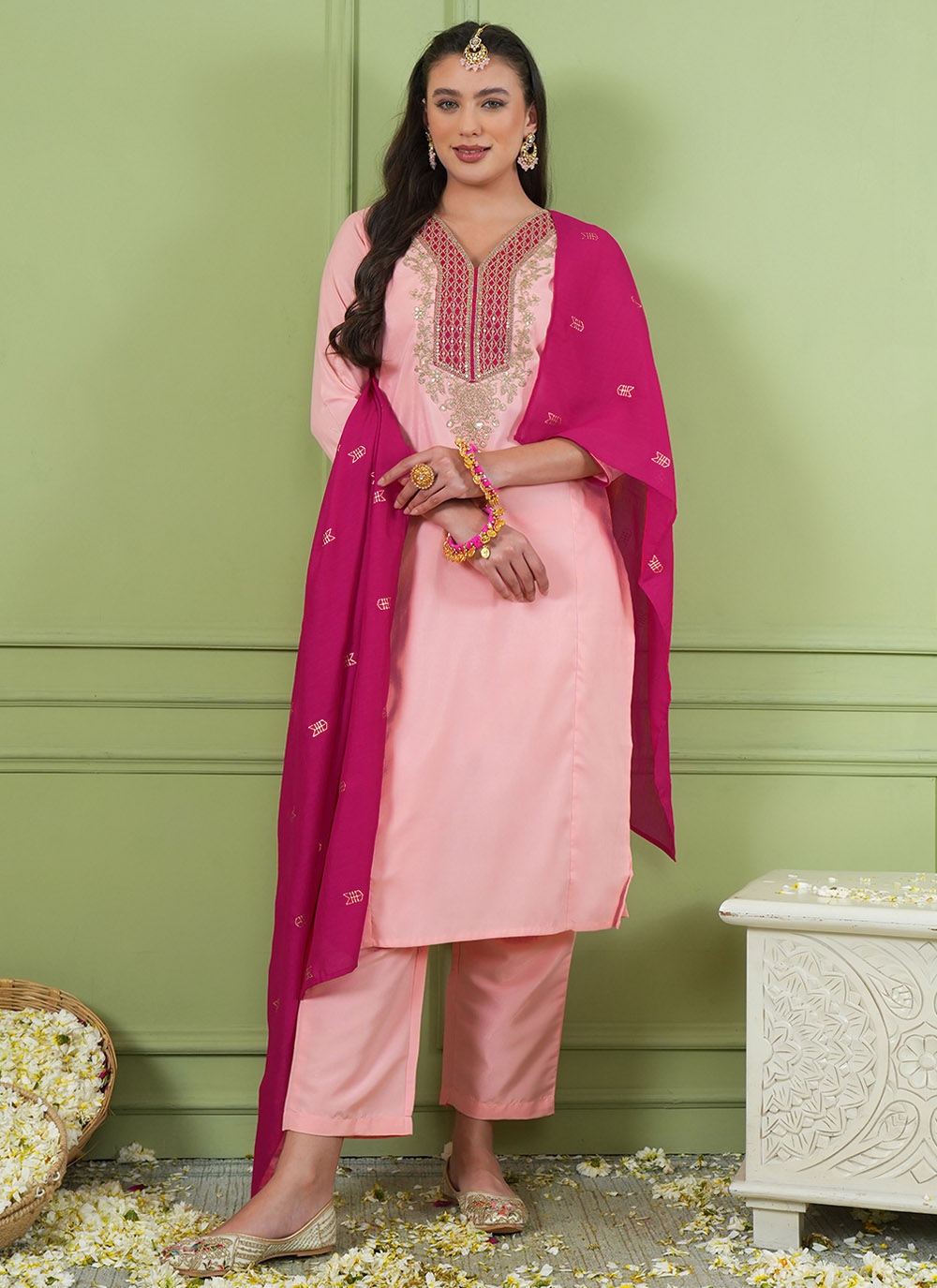 Peach Elegant Panel Embroidery Silk Salwar Suit