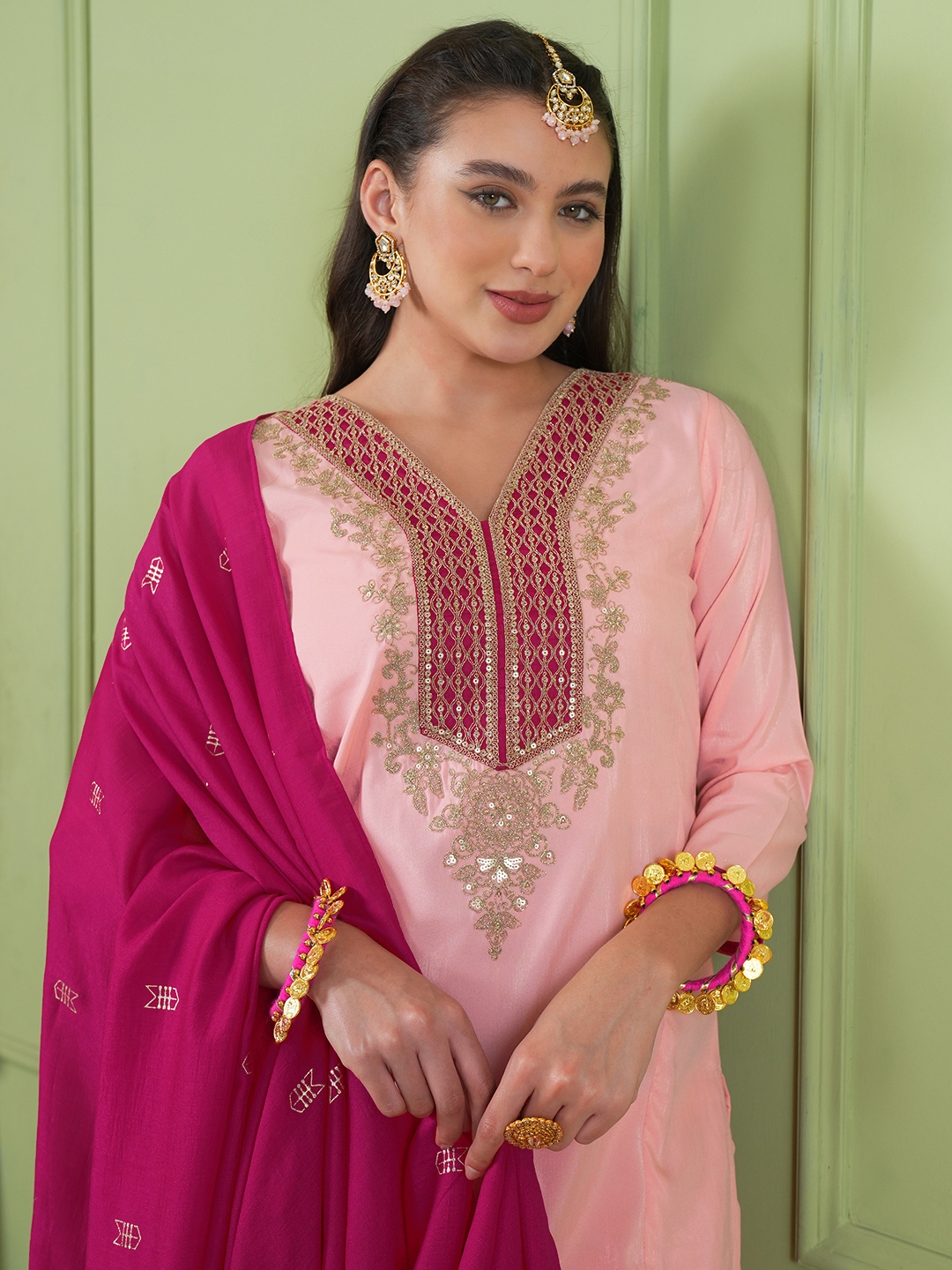 Peach Elegant Panel Embroidery Silk Salwar Suit