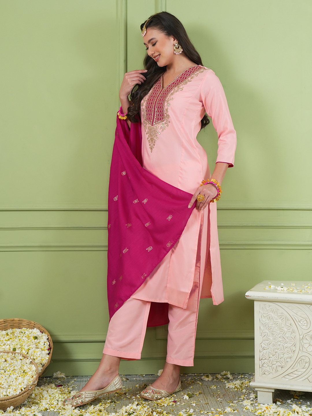 Peach Elegant Panel Embroidery Silk Salwar Suit