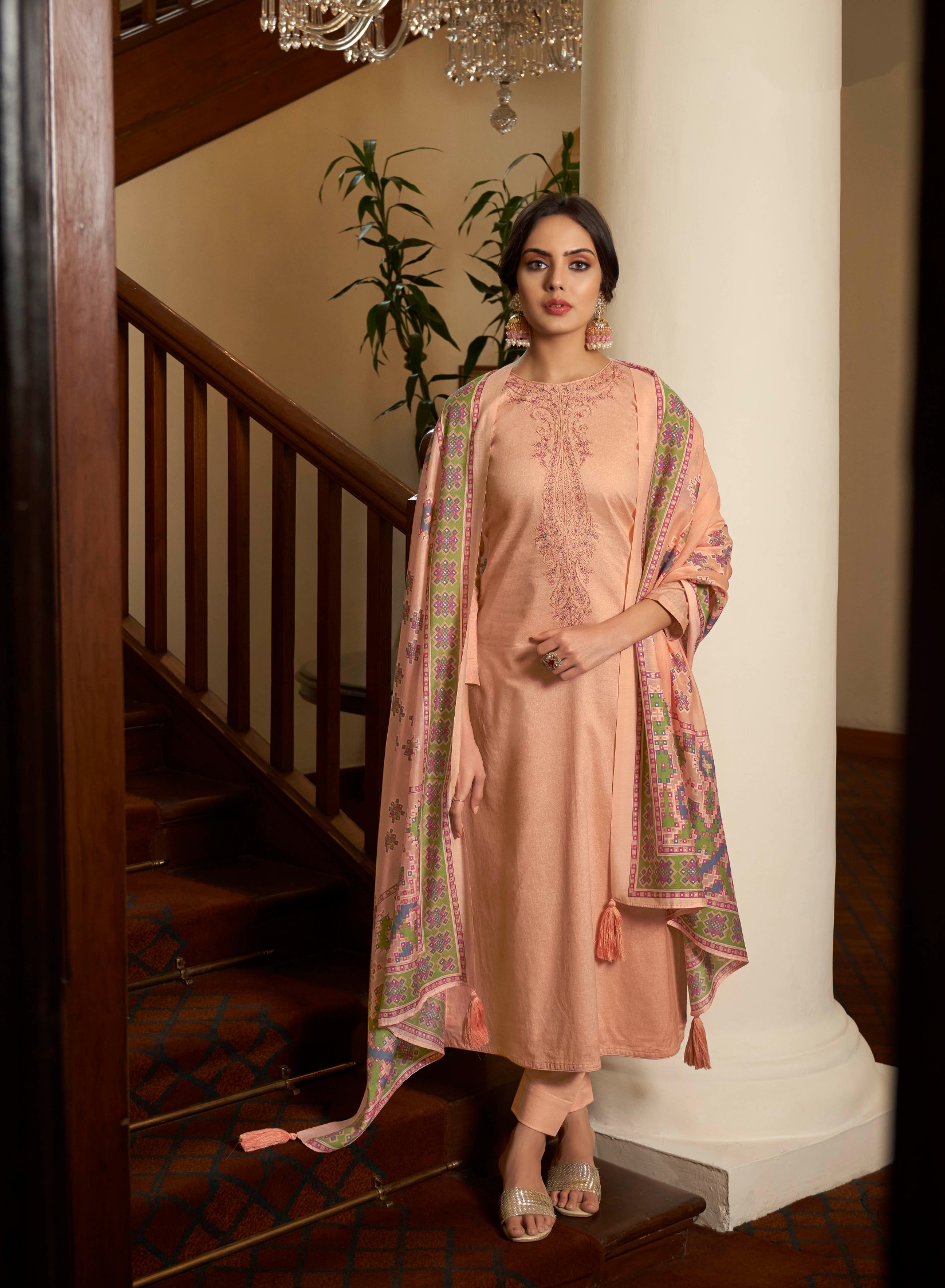 Peach Embroidered Cambric Cotton Straight Salwar Suit