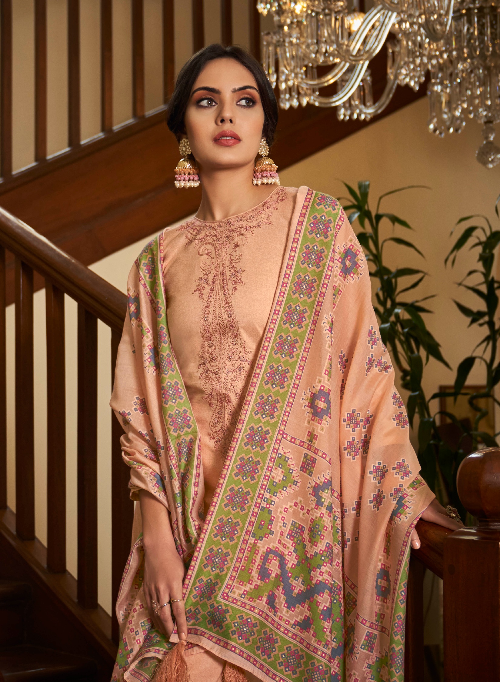 Peach Embroidered Cambric Cotton Straight Salwar Suit