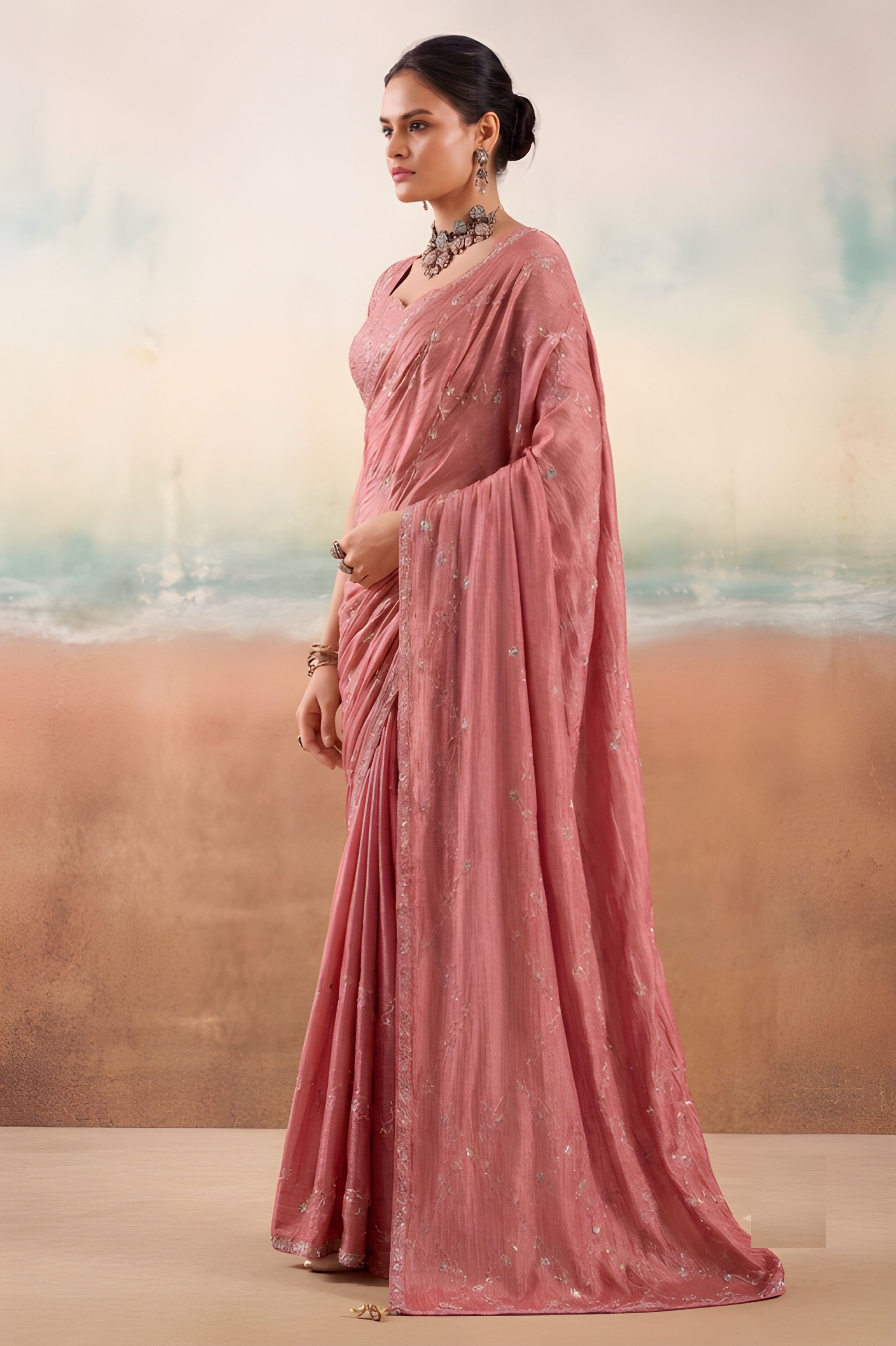 Peach Embroidered Chiffon Designer Saree — alternate view