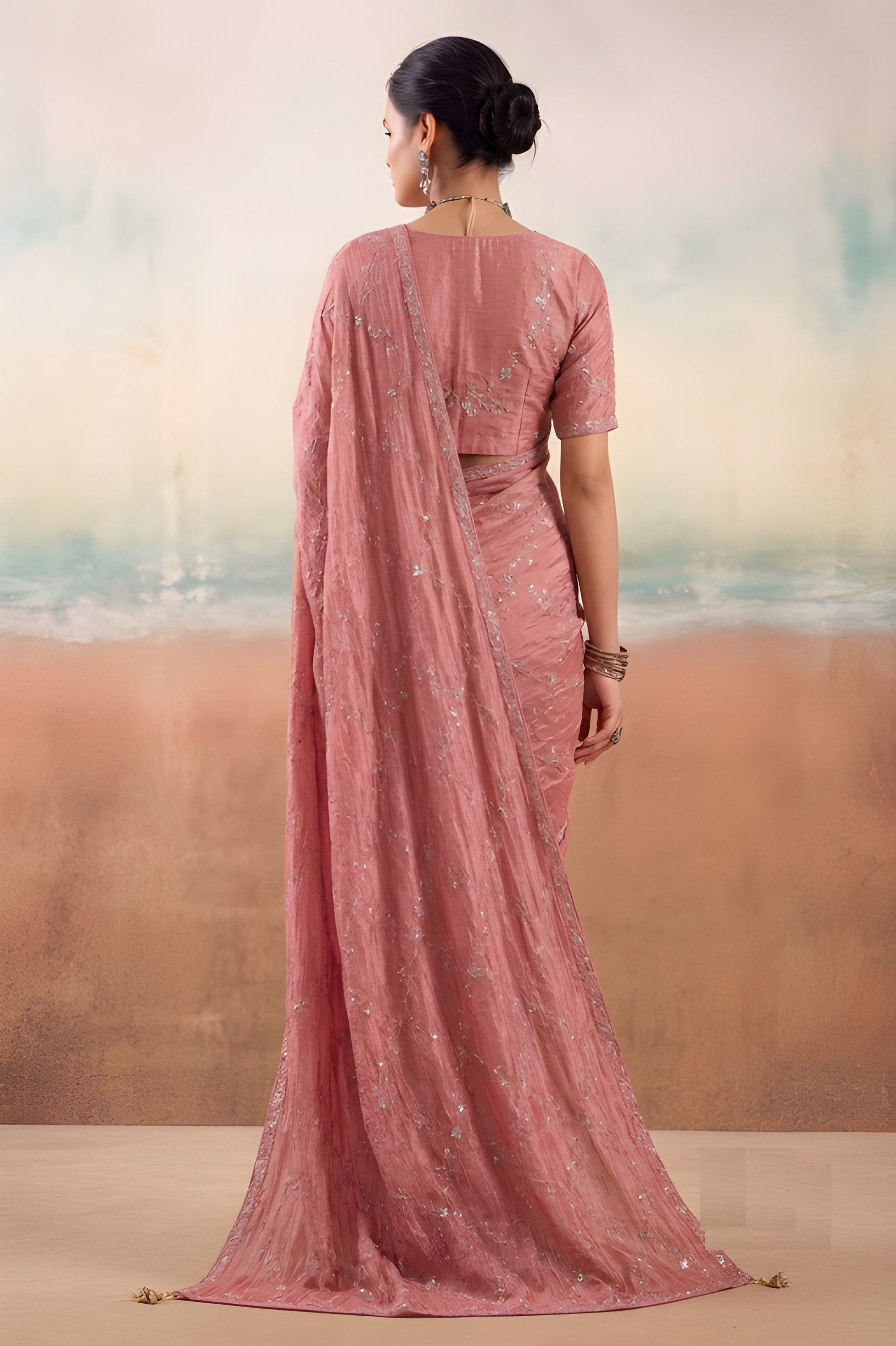 Peach Embroidered Chiffon Designer Saree