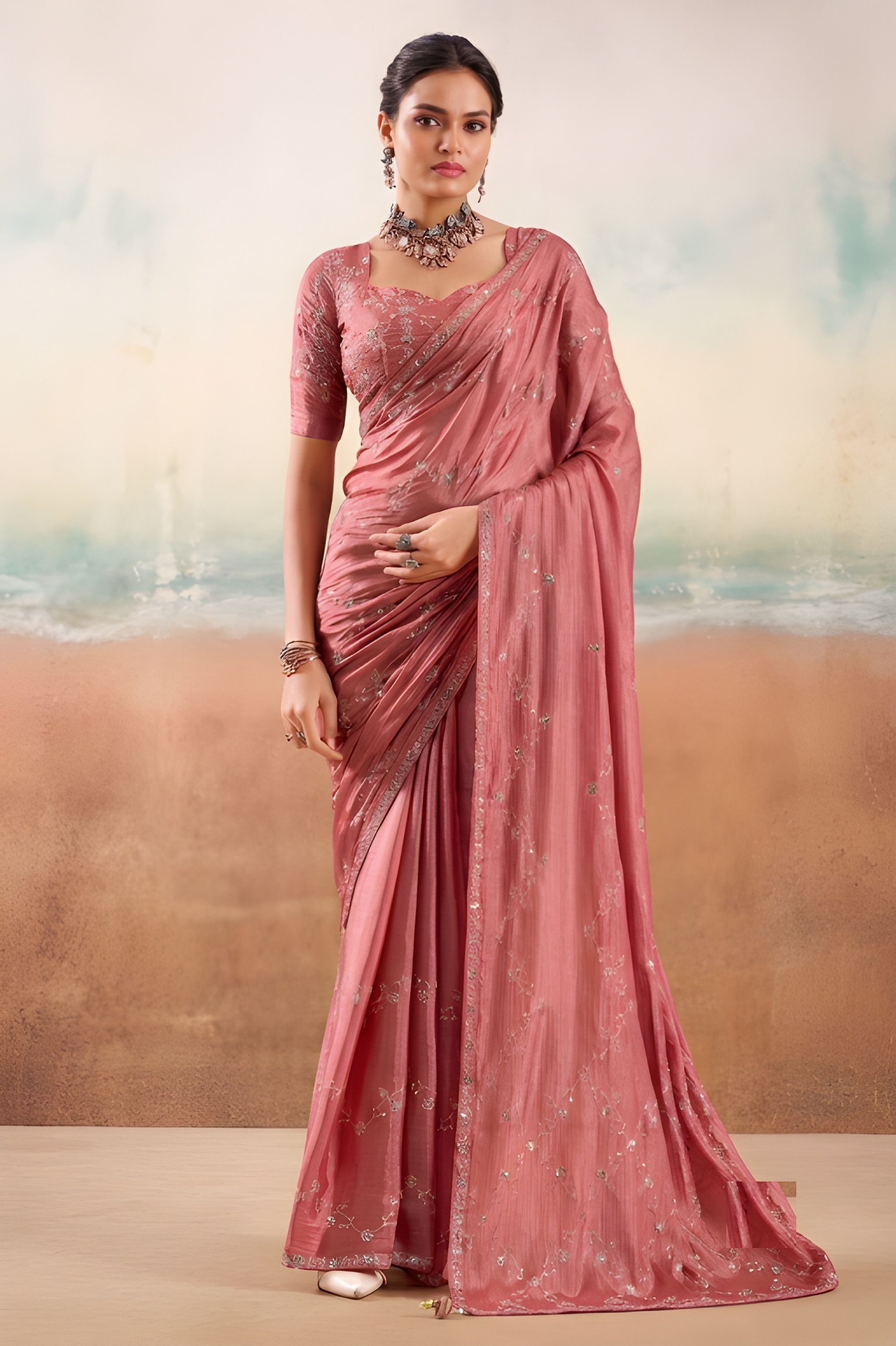 Peach Embroidered Chiffon Designer Saree