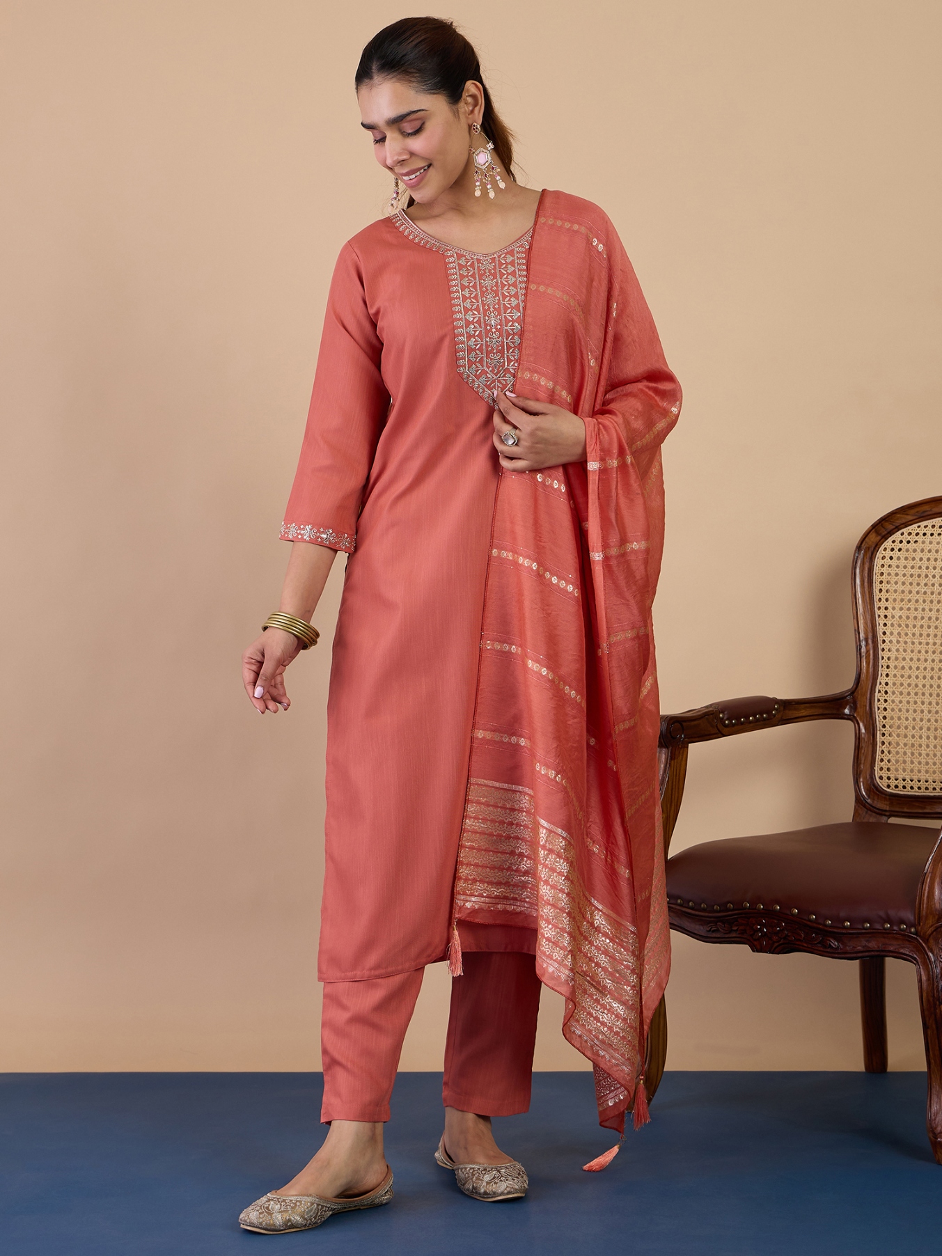 Peach Embroidered Cotton Blend Straight Pant Suit