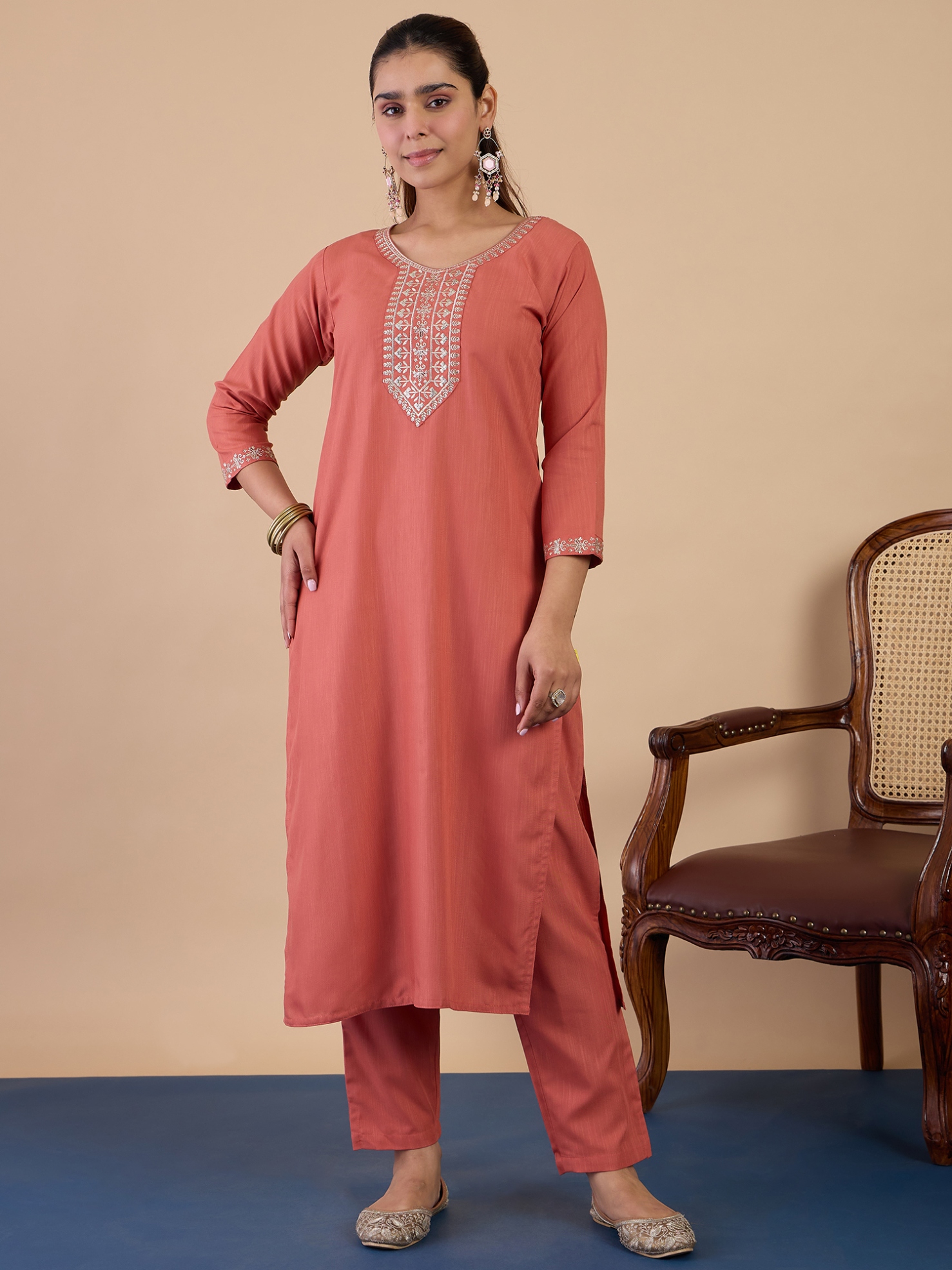 Peach Embroidered Cotton Blend Straight Pant Suit