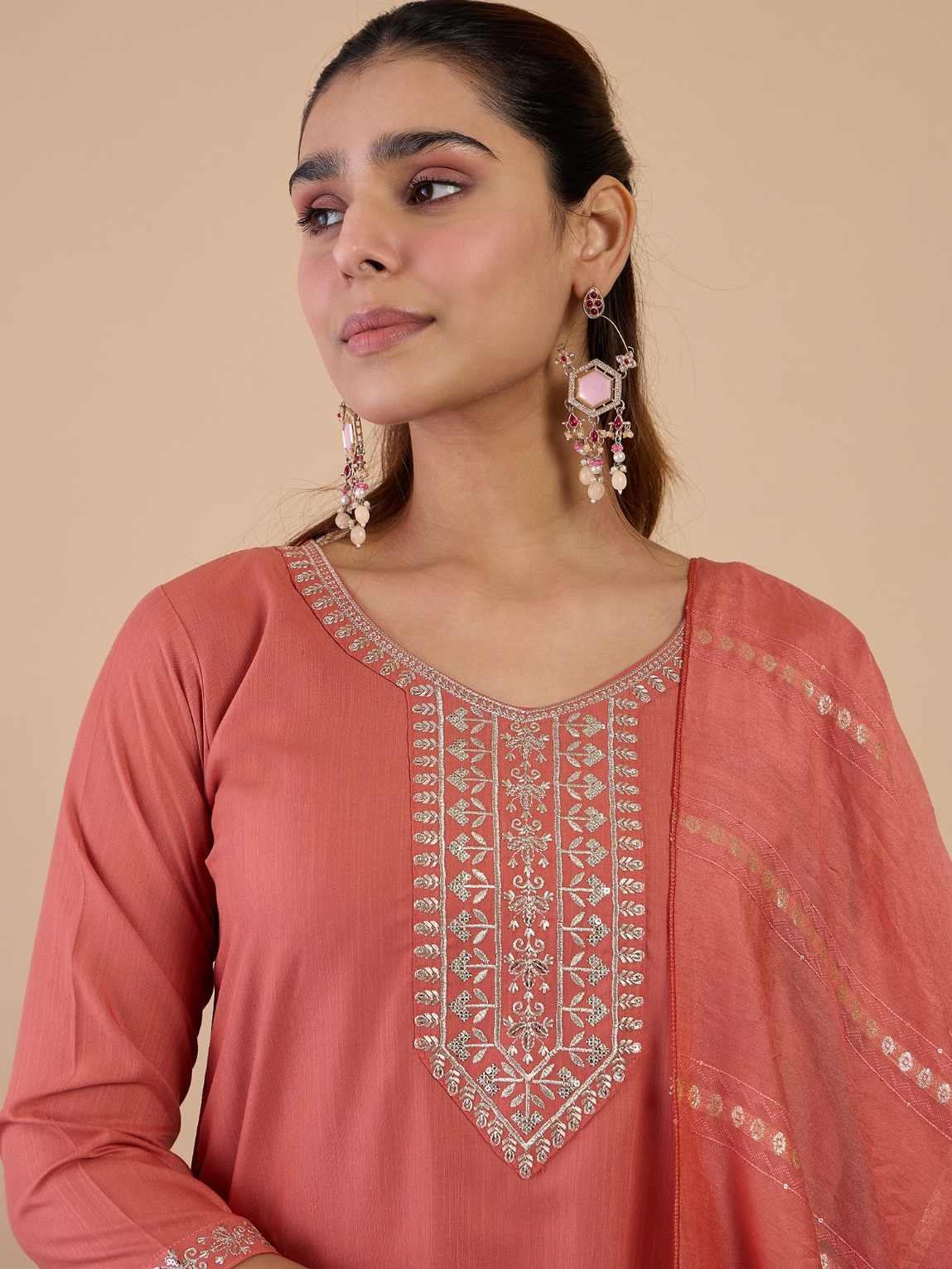 Peach Embroidered Cotton Blend Straight Pant Suit