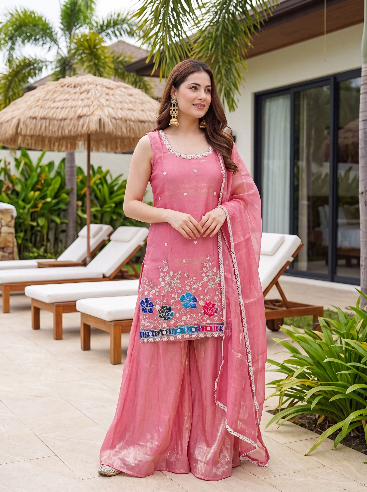Peach Embroidered Fendy Silk Palazzo Suit