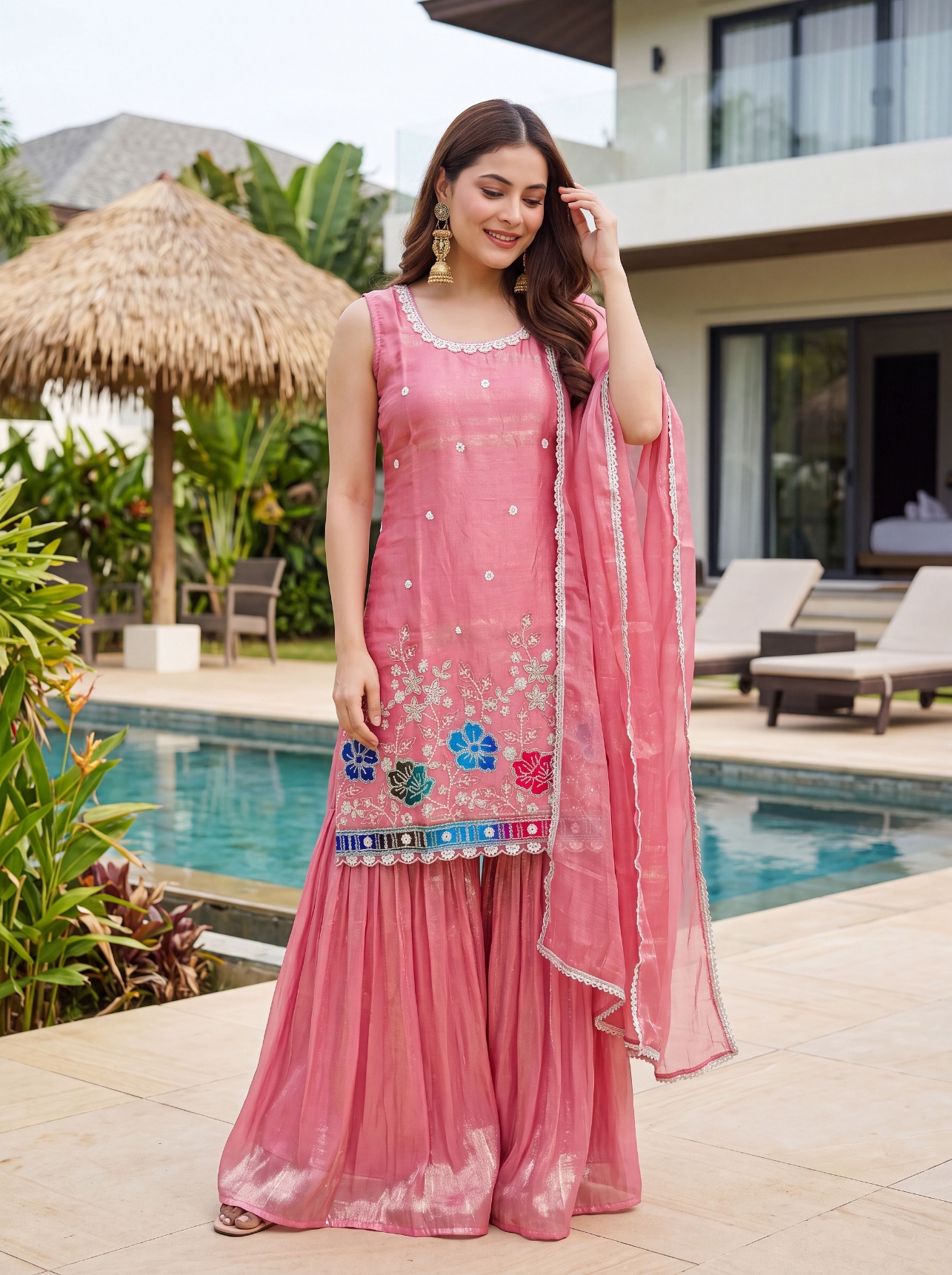 Peach Embroidered Fendy Silk Palazzo Suit