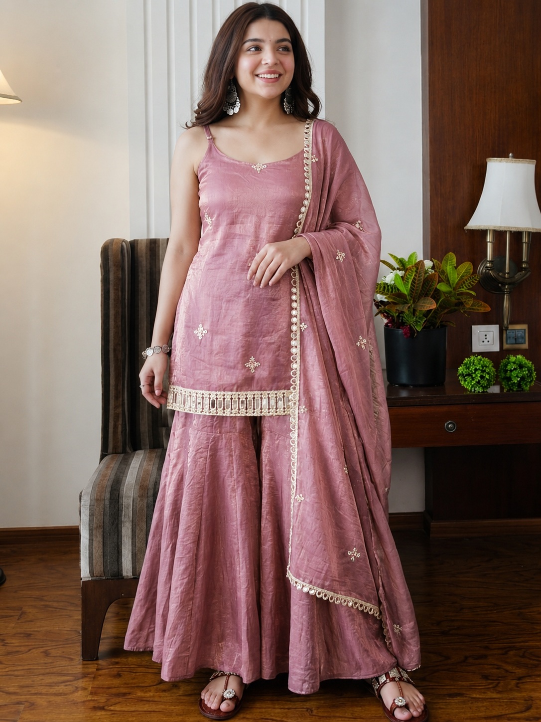 Peach Embroidered Fendy Silk Sharara Suit