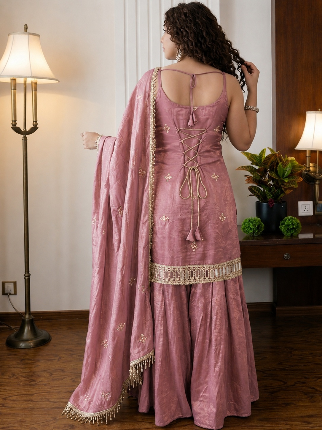 Peach Embroidered Fendy Silk Sharara Suit — alternate view