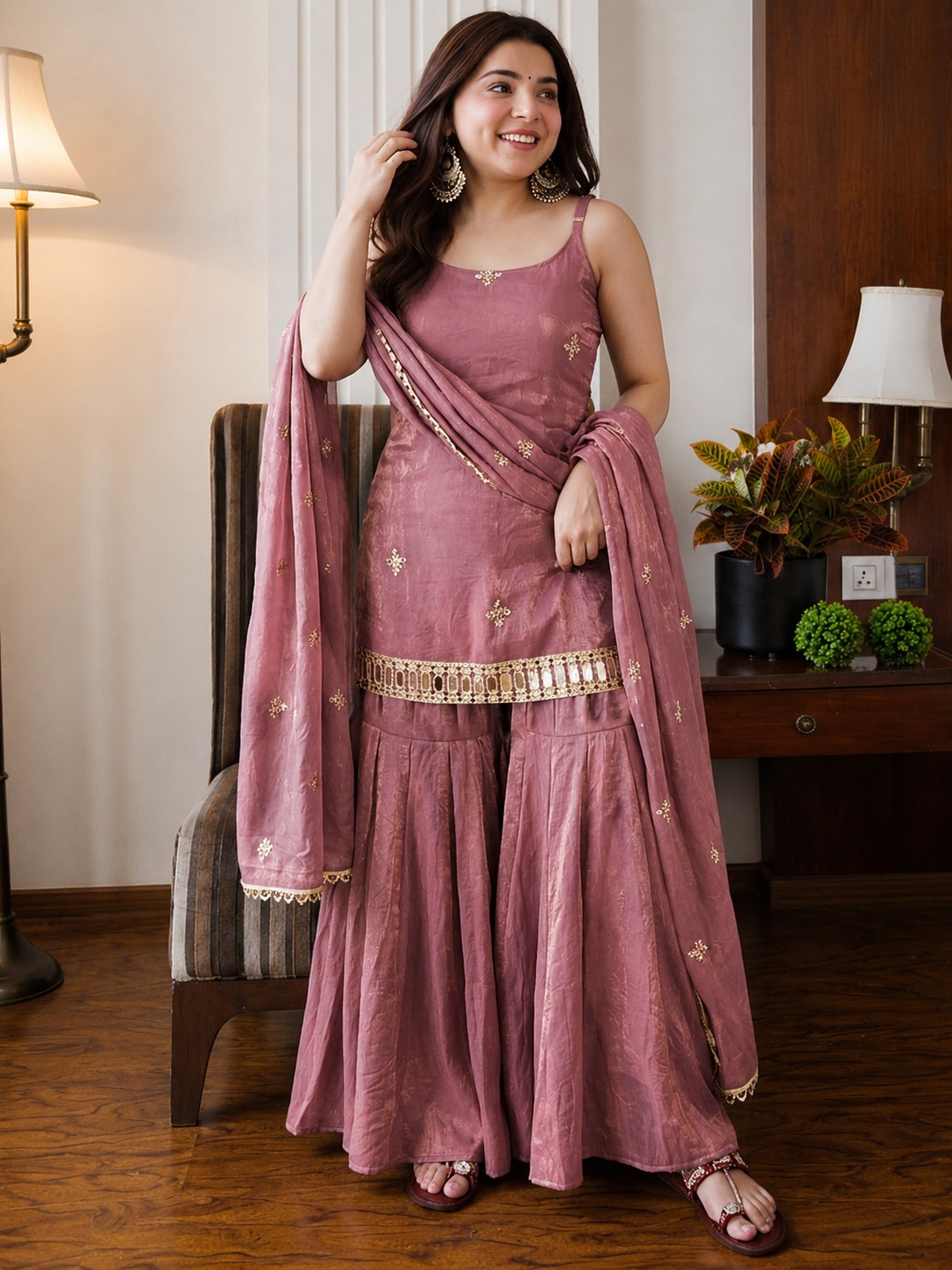 Peach Embroidered Fendy Silk Sharara Suit