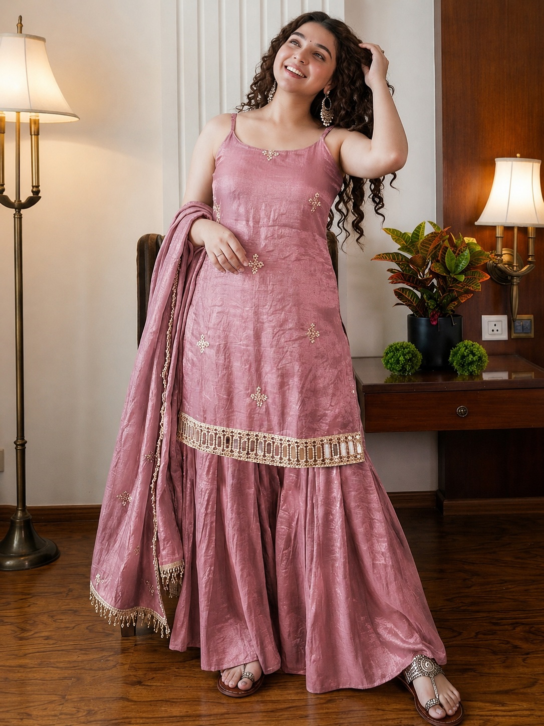Peach Embroidered Fendy Silk Sharara Suit