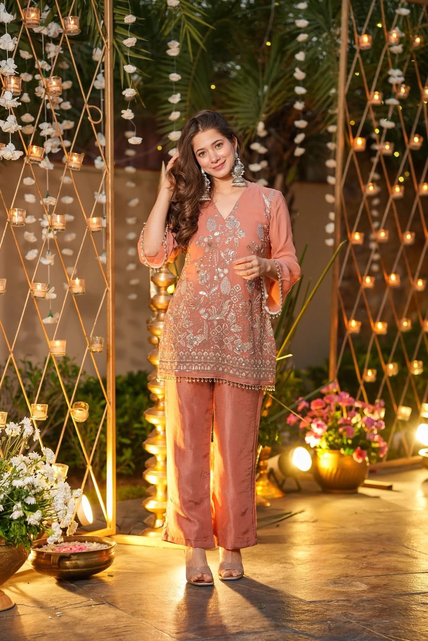 Peach Embroidered Indo-Western Pant Co-ord Set