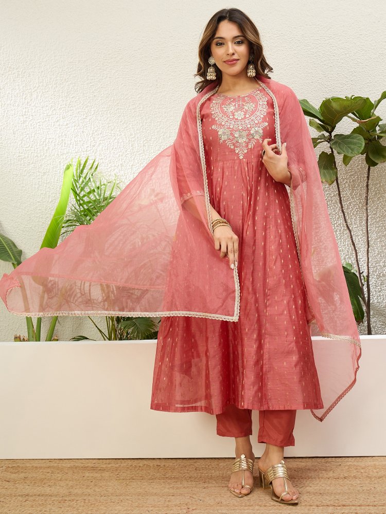 Peach Embroidered Jacquard Silk Anarkali Suit