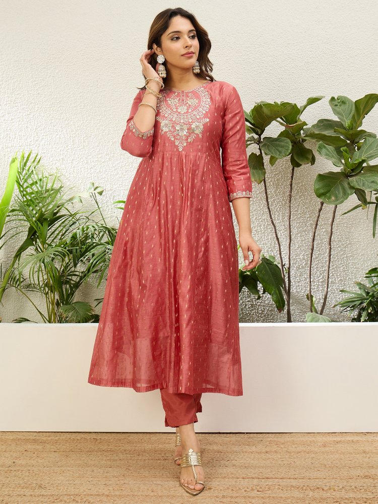 Peach Embroidered Jacquard Silk Anarkali Suit — alternate view