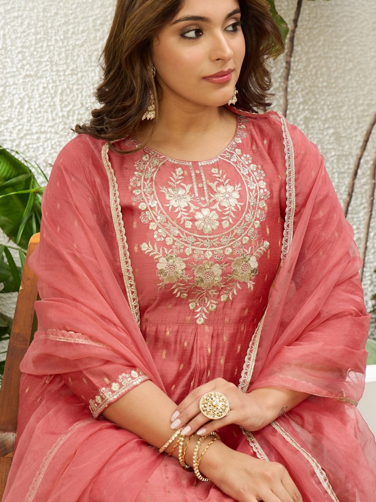 Peach Embroidered Jacquard Silk Anarkali Suit
