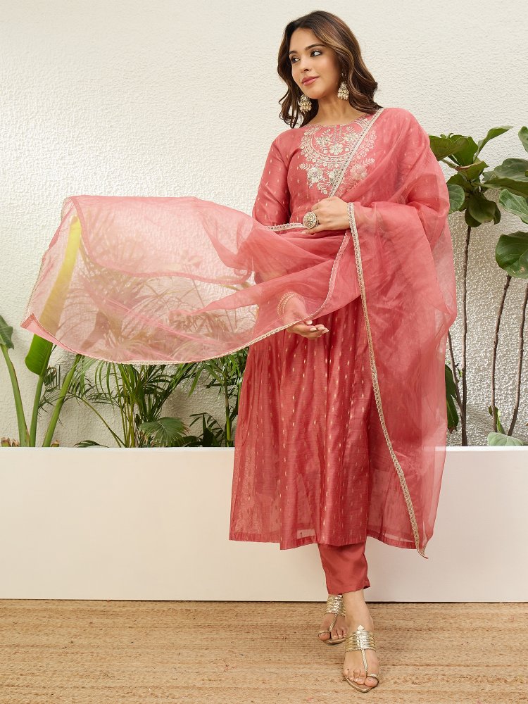 Peach Embroidered Jacquard Silk Anarkali Suit