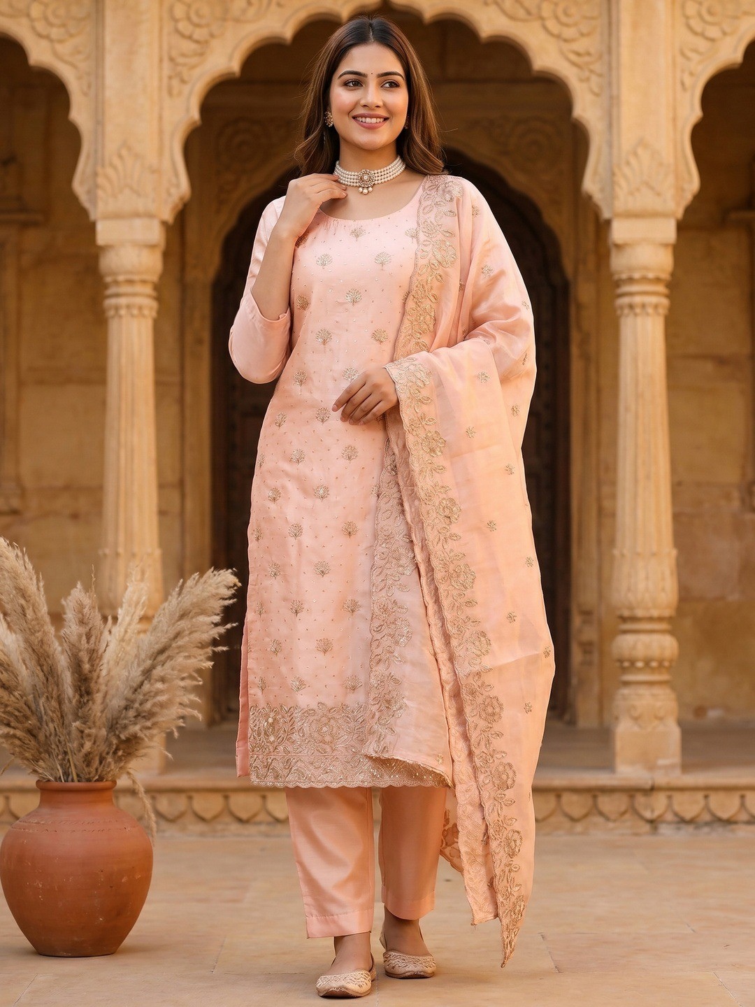 Peach Embroidered Jimmy Chu Straight Salwar Suit