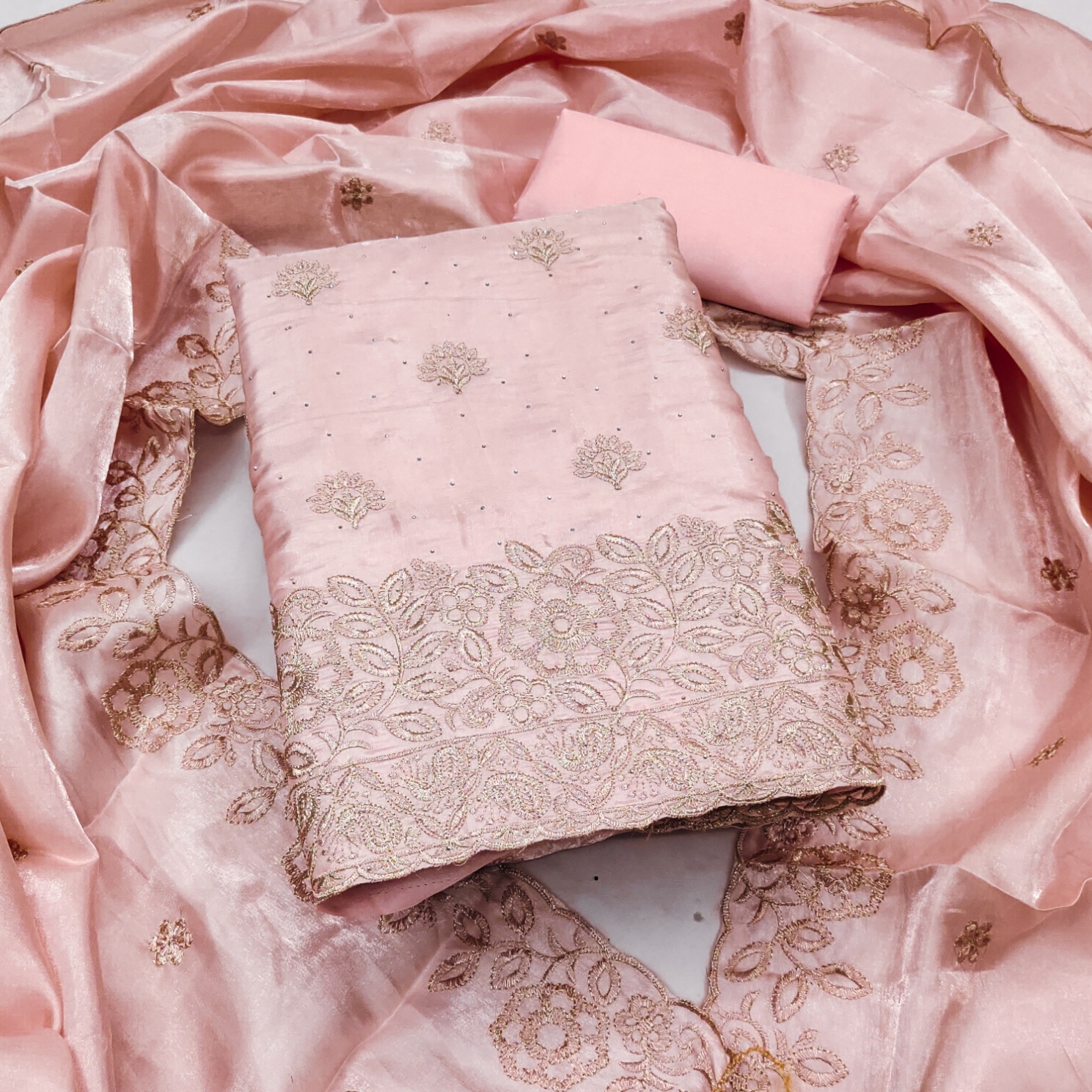Peach Embroidered Jimmy Chu Straight Salwar Suit