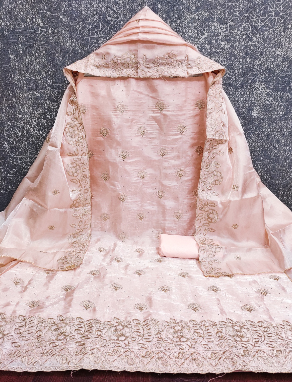 Peach Embroidered Jimmy Chu Straight Salwar Suit