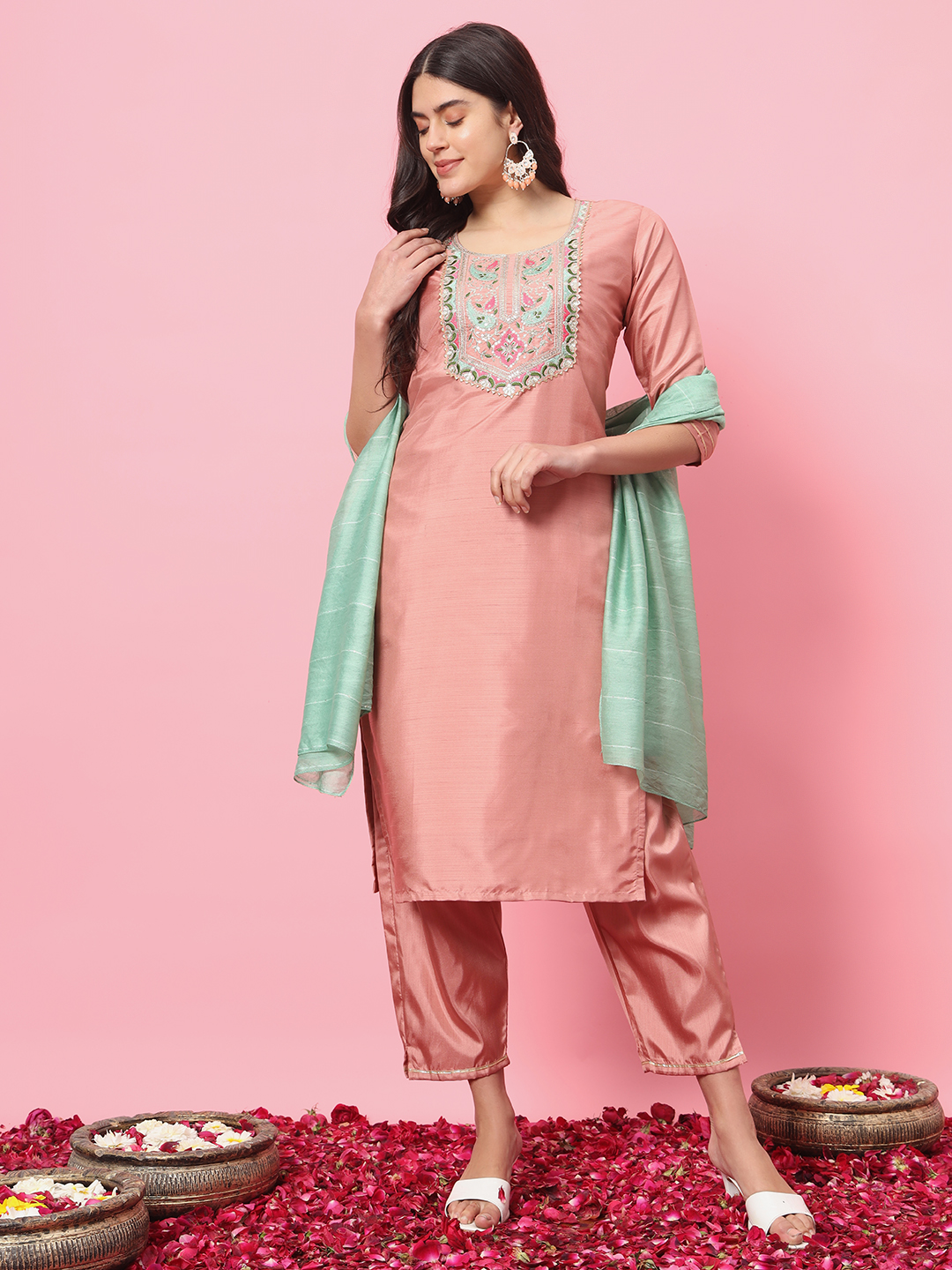 Peach Embroidered Silk Blend Readymade Suit