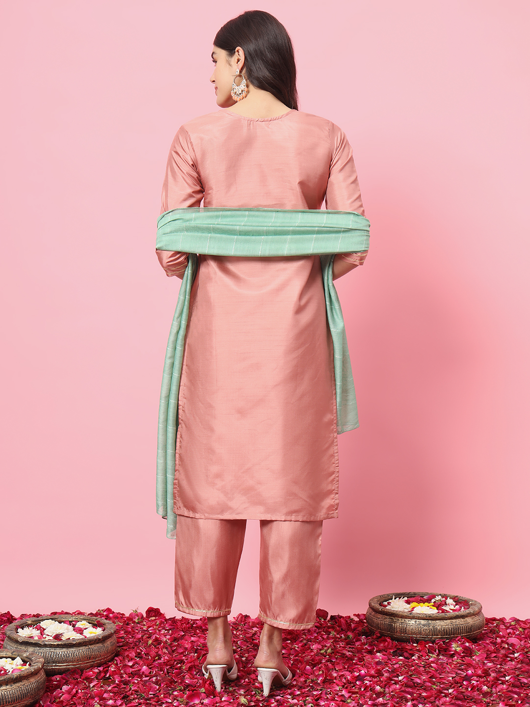 Peach Embroidered Silk Blend Readymade Suit — alternate view
