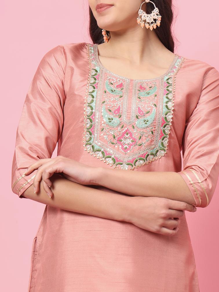 Peach Embroidered Silk Blend Readymade Suit