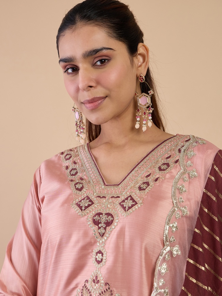 Peach Embroidered Silk Blend Salwar Suit