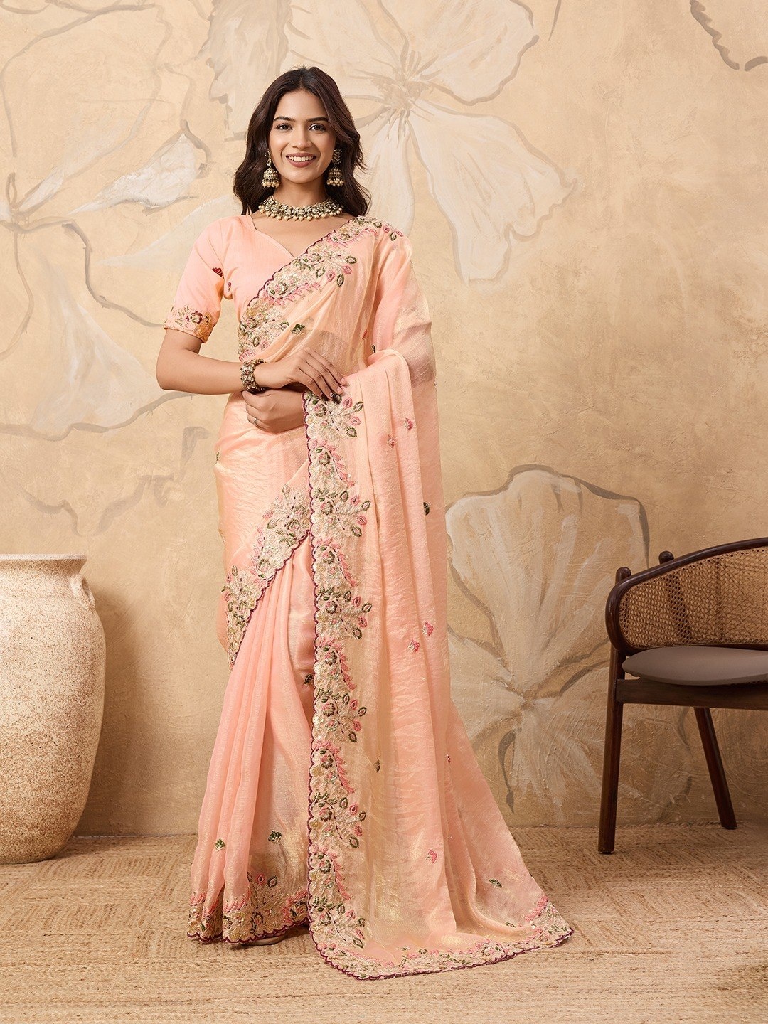 Peach Embroidered Soft Fendy Chiffon Party Wear Saree