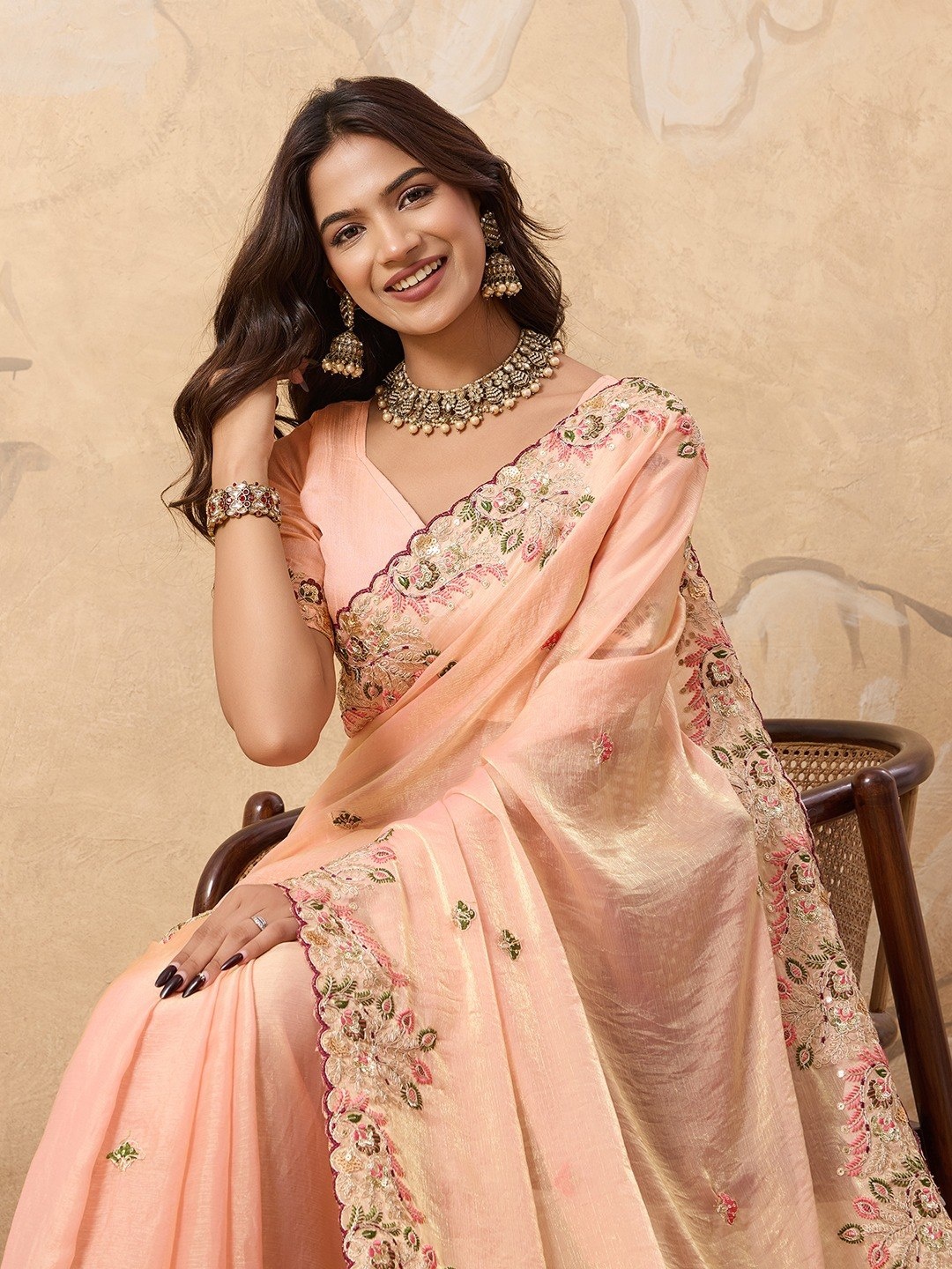 Peach Embroidered Soft Fendy Chiffon Party Wear Saree — alternate view