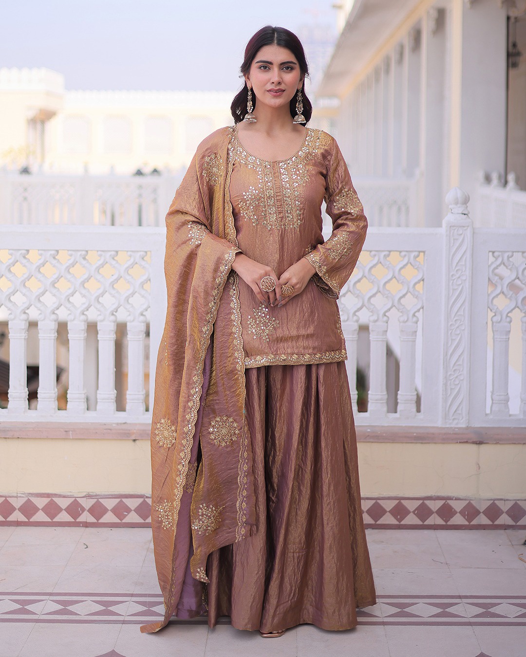 Peach Embroidered Vichitra Kurta Set