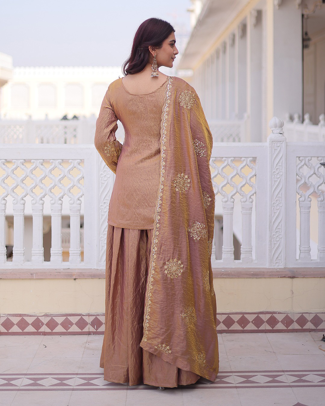 Peach Embroidered Vichitra Kurta Set — alternate view
